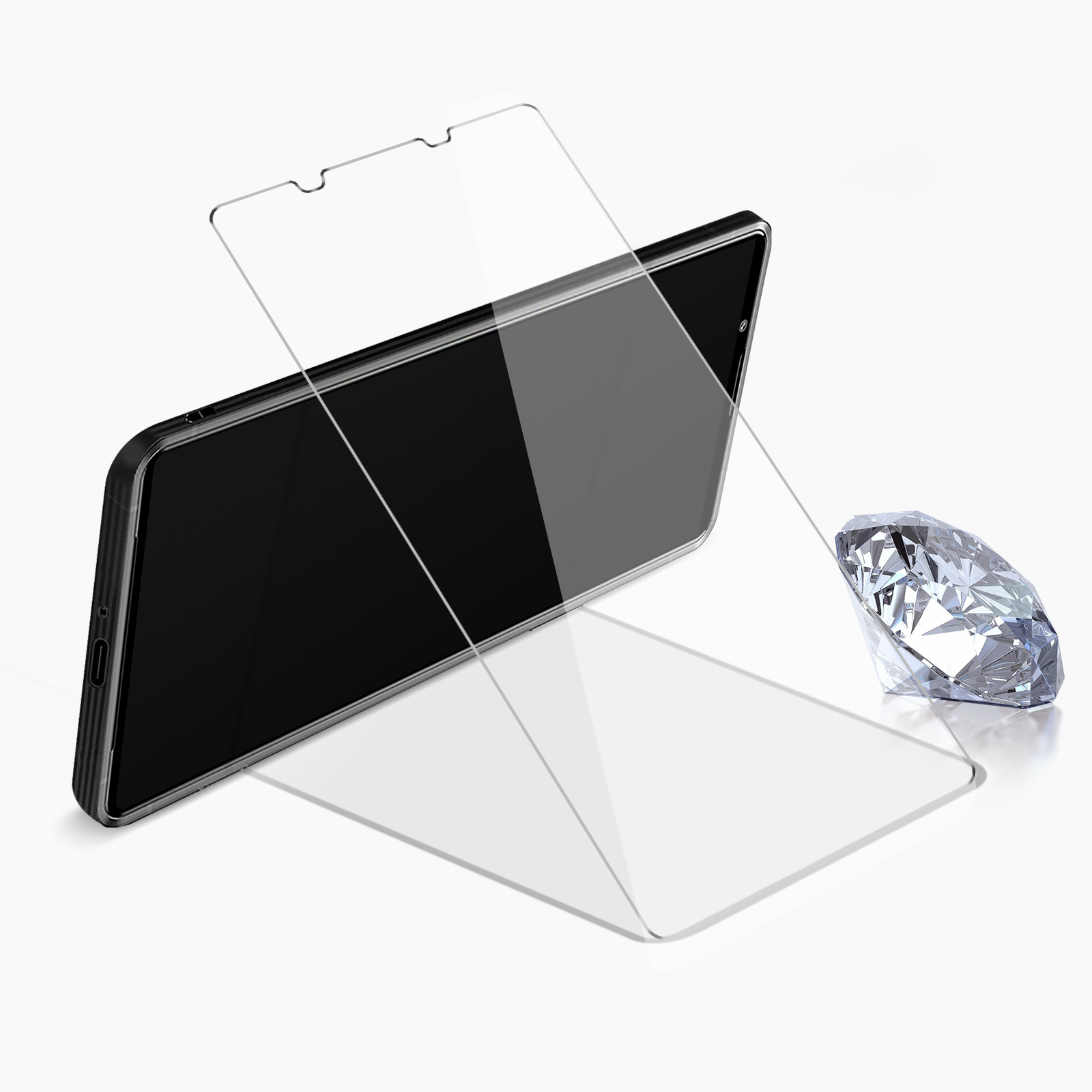 Telefono con protezione schermo e un diamante su sfondo bianco, che mostra la protezione.