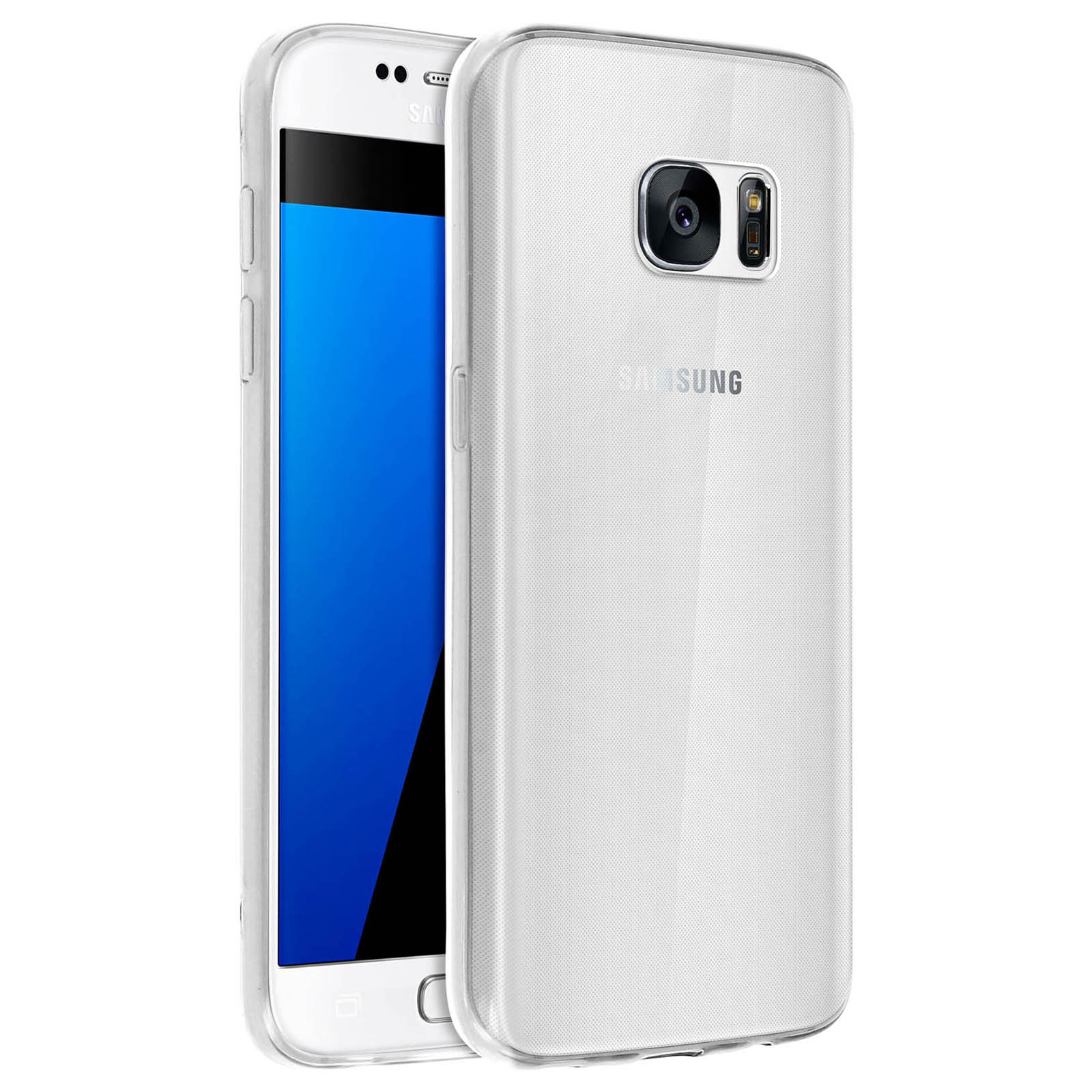 Transparente Handyhülle auf Telefon mit blauem Bildschirm, weißer Hintergrund.