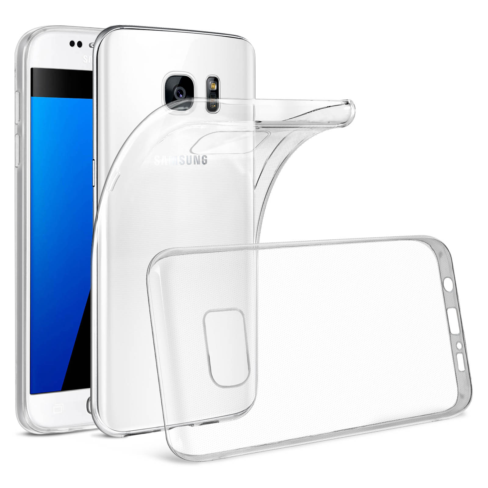 Zwei transparente Handyhüllen, eine um ein Samsung-Telefon, und die andere flach liegend.
