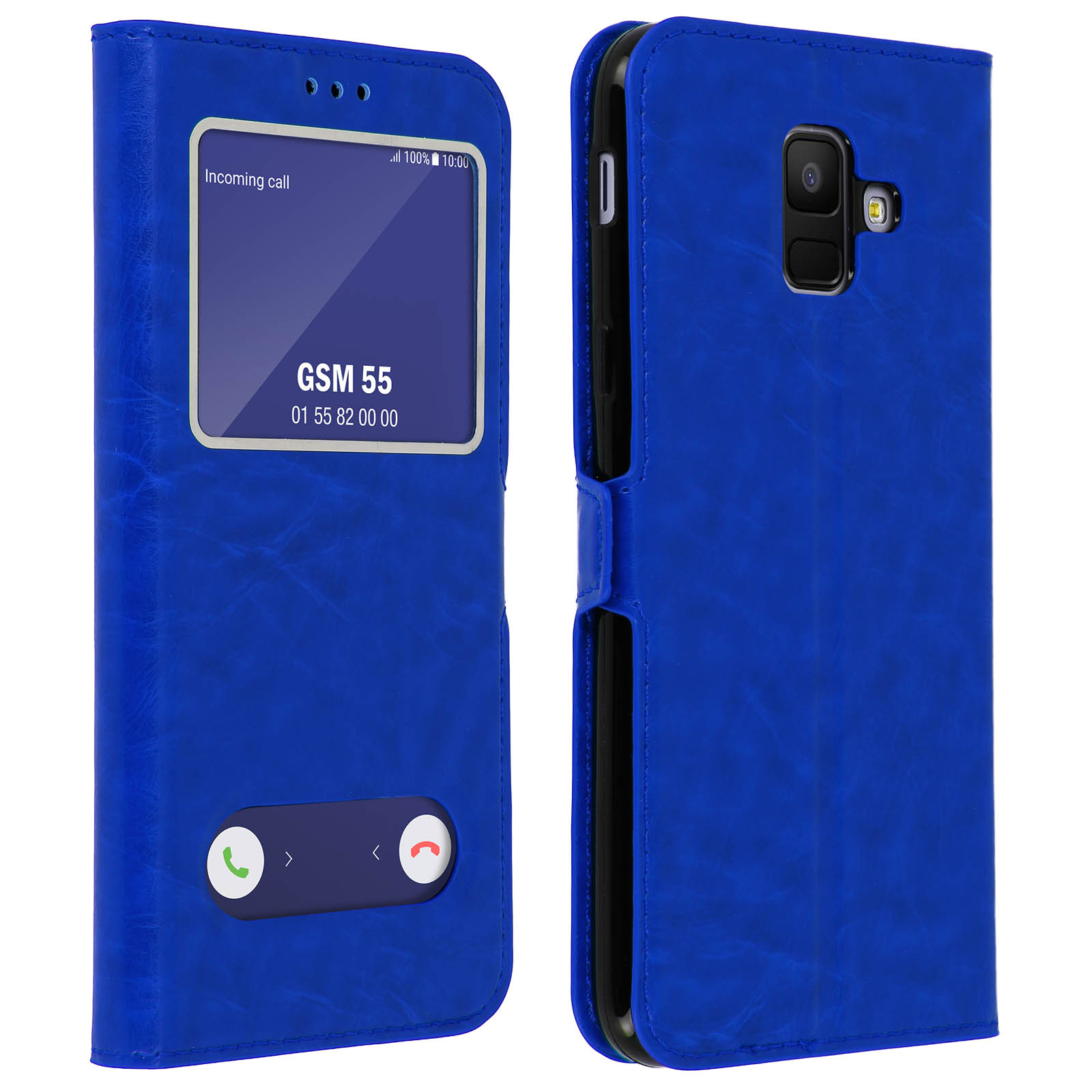 Custodia blu per telefono, aperta e che mostra uno schermo del telefono con un'interfaccia di chiamata in arrivo. Anche l'altro lato è mostrato.