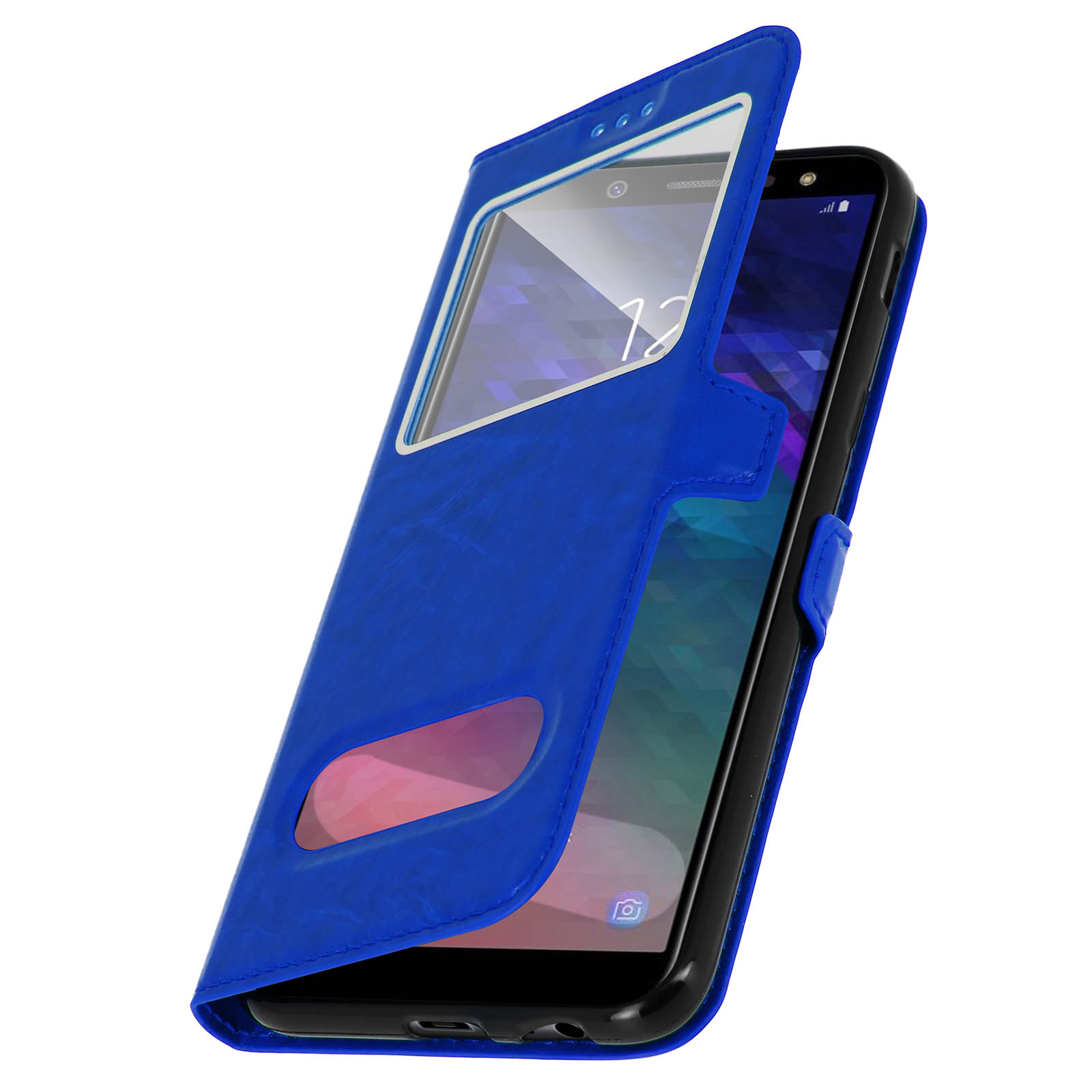 Custodia blu aperta, mostra schermo del telefono. La custodia ha una finestra. Il telefono ha schermo visibile.