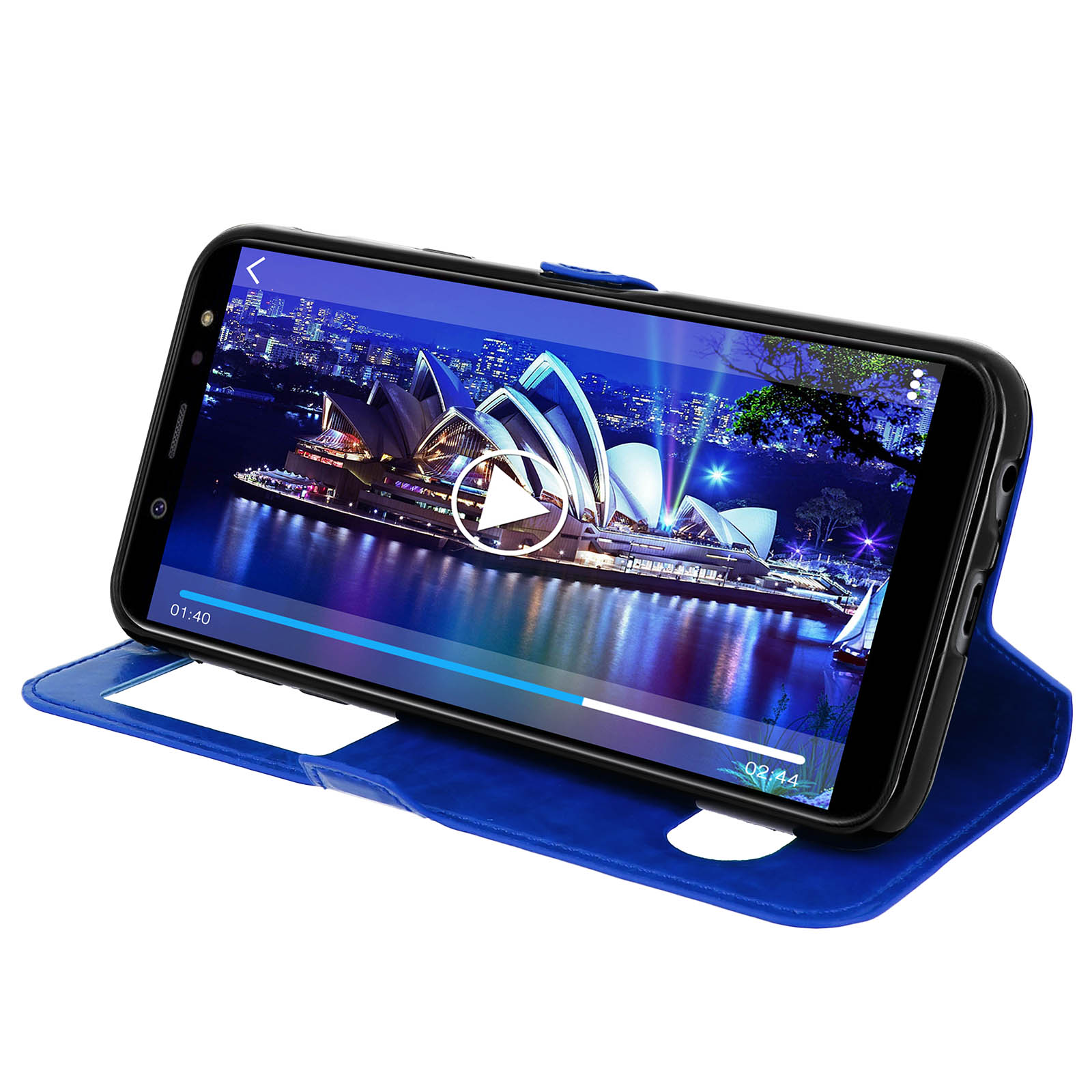 Telefono in custodia blu, riproduce un video. Lo schermo mostra una vista notturna della città.