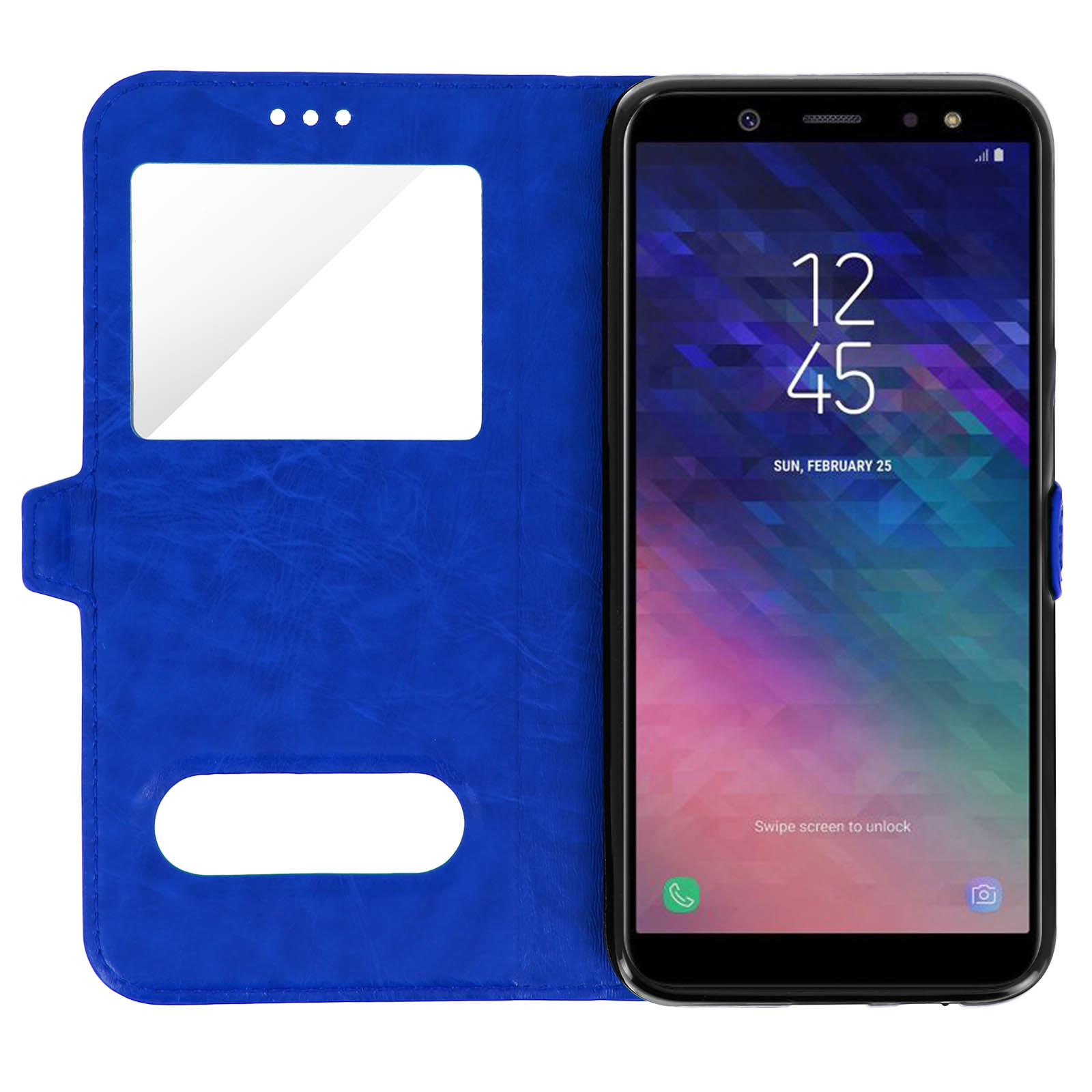 Una custodia per telefono blu con un telefono all'interno. Il telefono mostra l'ora e la data.