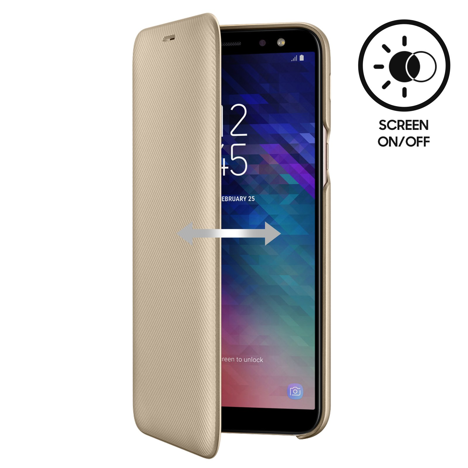 Ein Telefon mit Klapphülle. Der Bildschirm zeigt die Uhrzeit und ein Ein/Aus-Symbol.