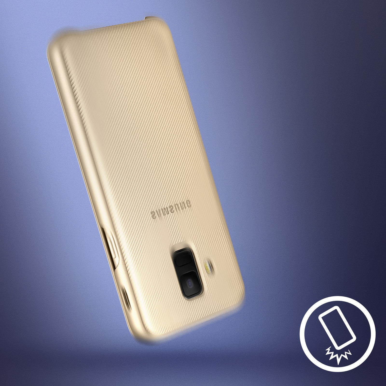 Goldene Handyhülle mit Telefon, Symbol für fallendes Telefon rechts unten.
