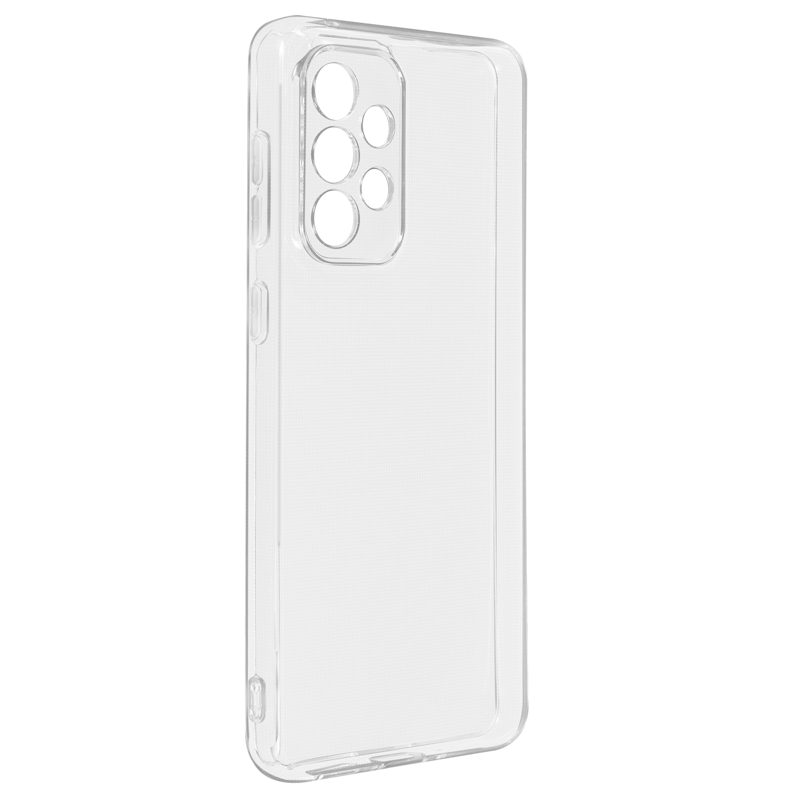 Une coque de téléphone transparente. La coque a une découpe pour la caméra et les boutons.