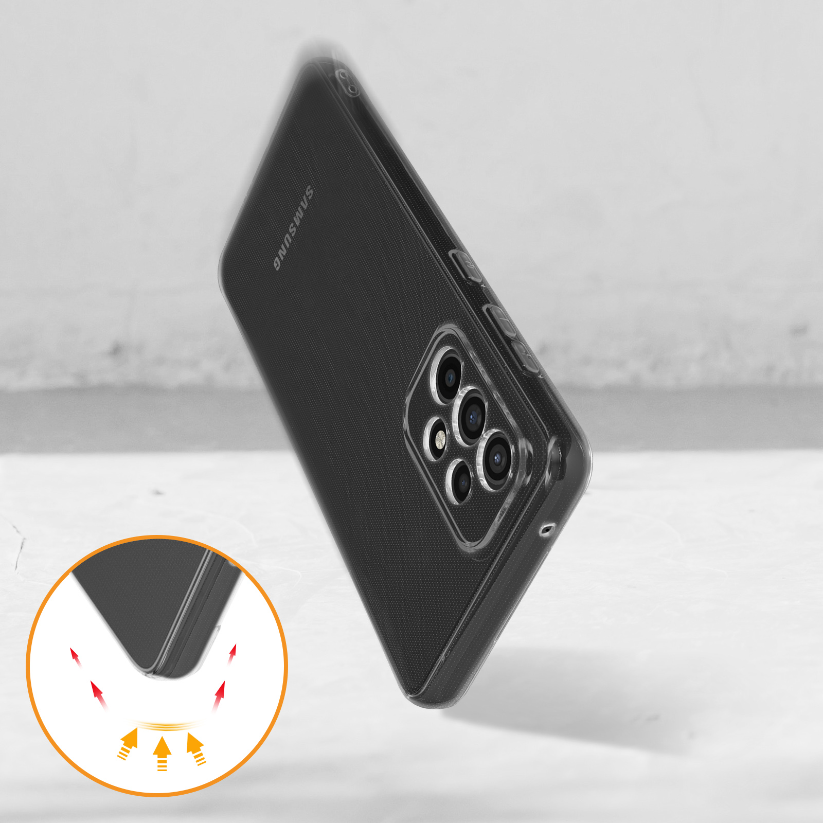 Coque de téléphone avec dos transparent. La coque est noire et porte un logo Samsung visible.