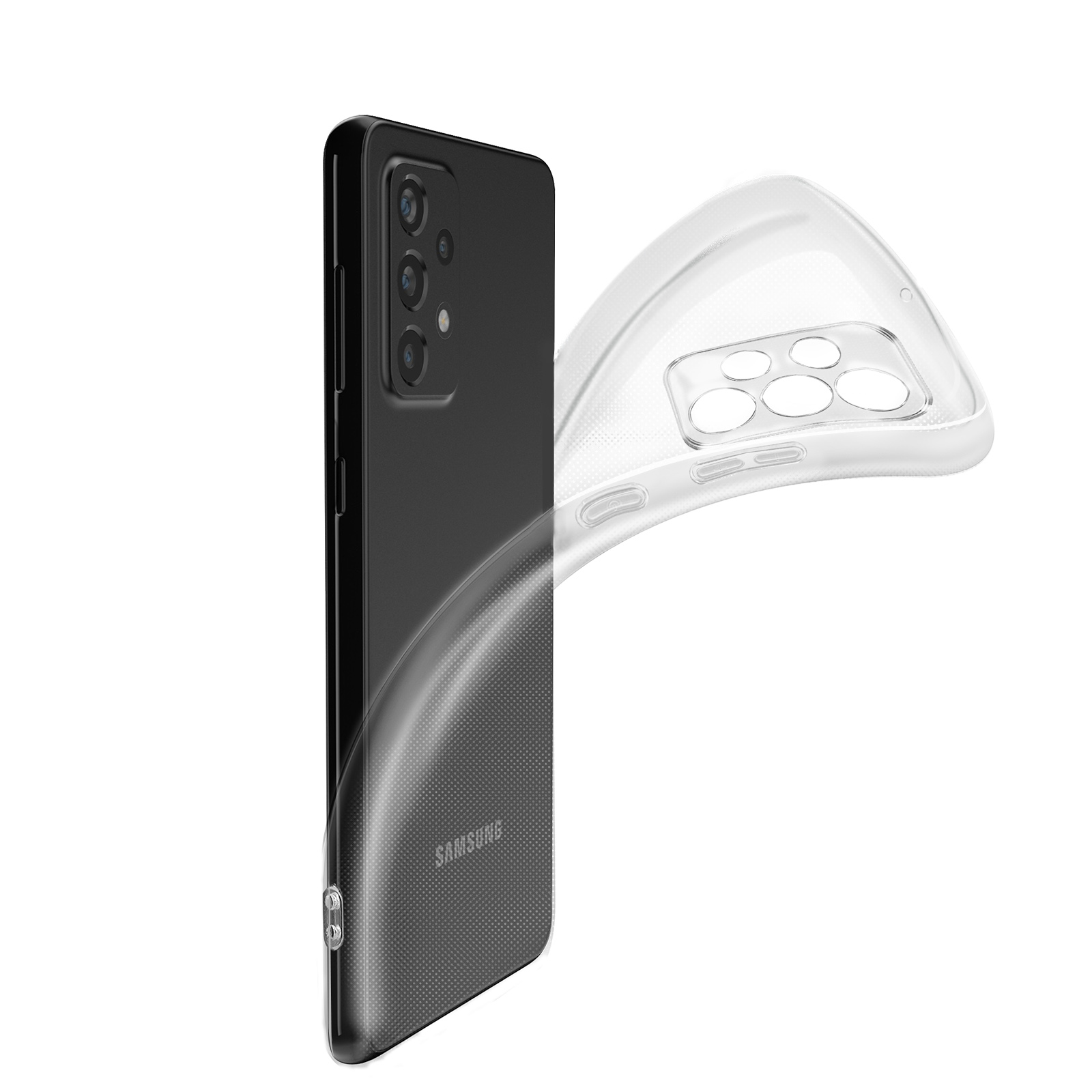 Téléphone noir avec une coque transparente dessus, montrant l'arrière. Téléphone sur fond blanc.