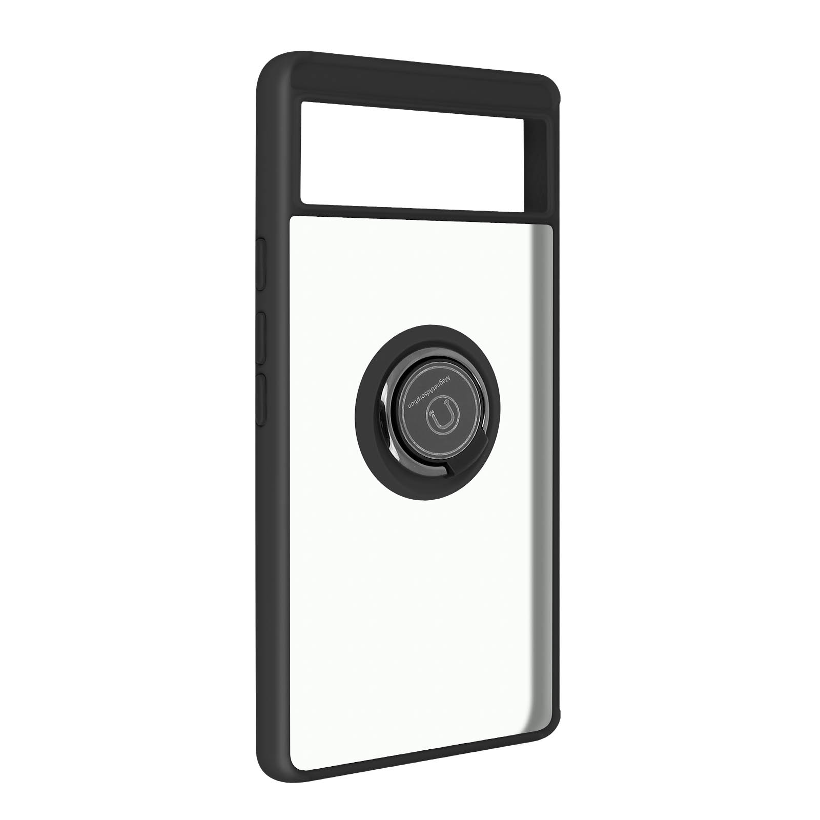 Coque de téléphone noire et transparente avec un support de bague attaché au dos.