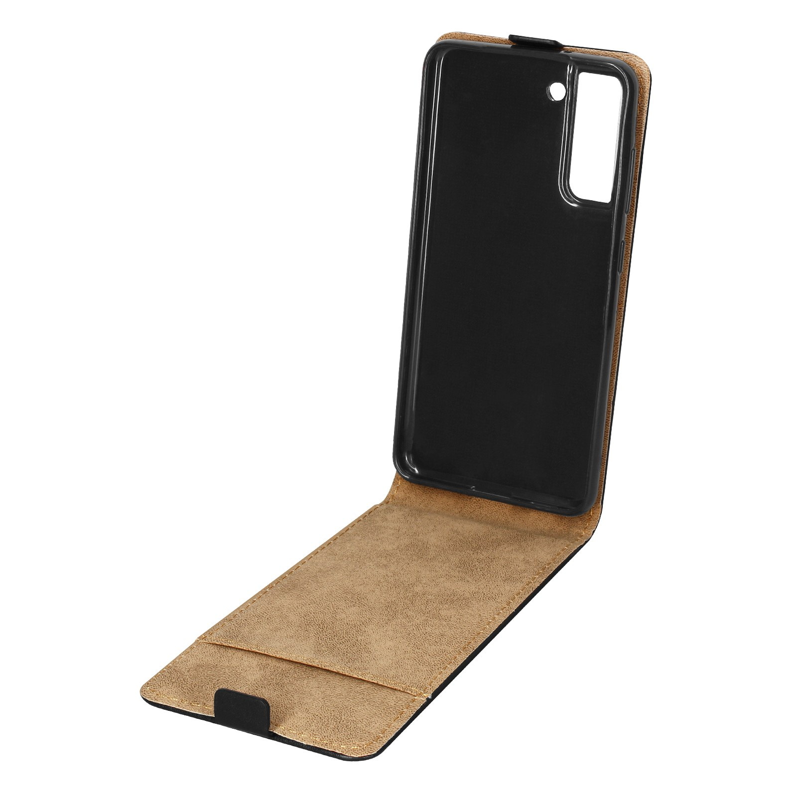 Étui de téléphone ouvert. Le téléphone est à l'intérieur. Étui externe marron. L'étui est ouvert.