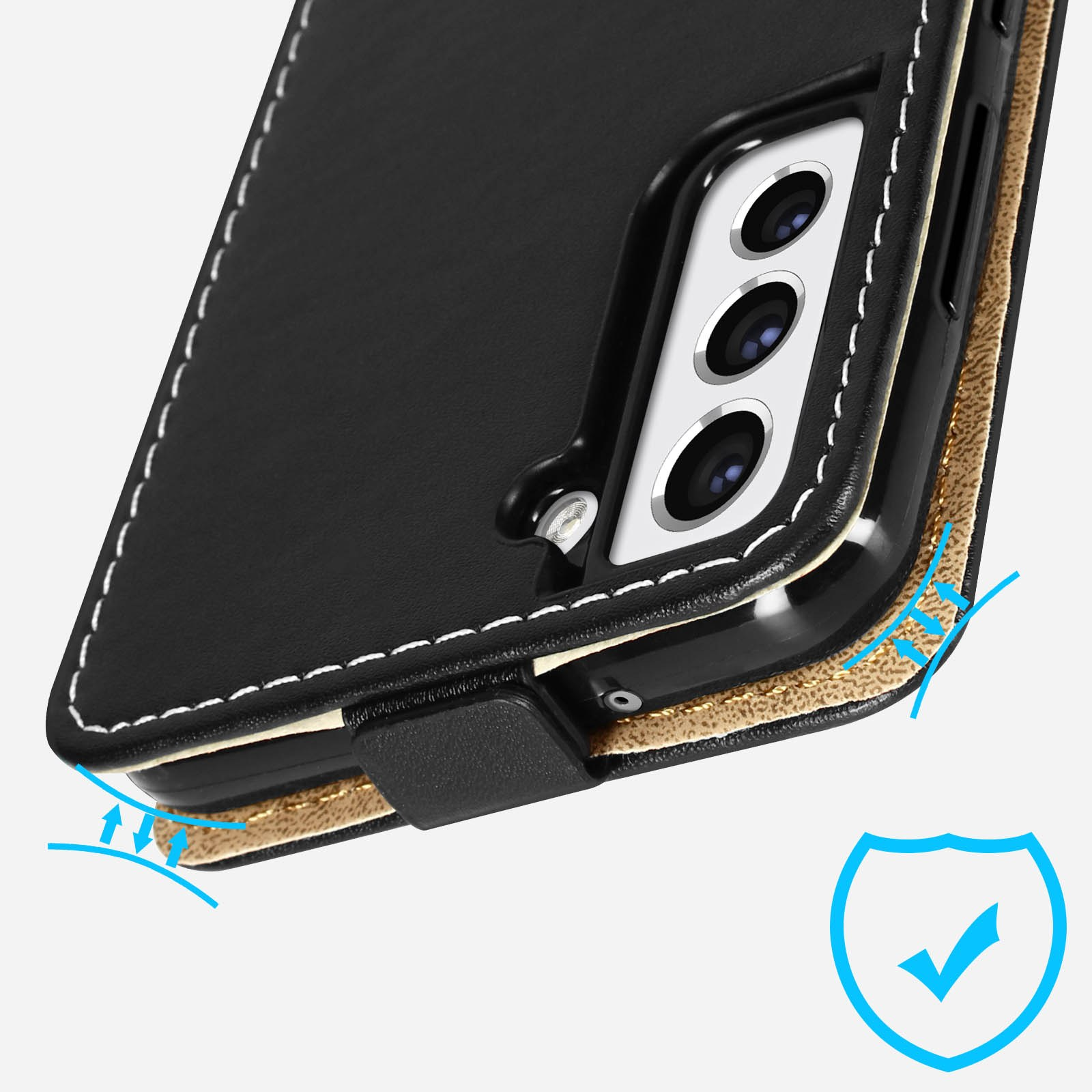Gros plan sur le coin d'un étui de téléphone, montrant les coutures et les caractéristiques de protection.