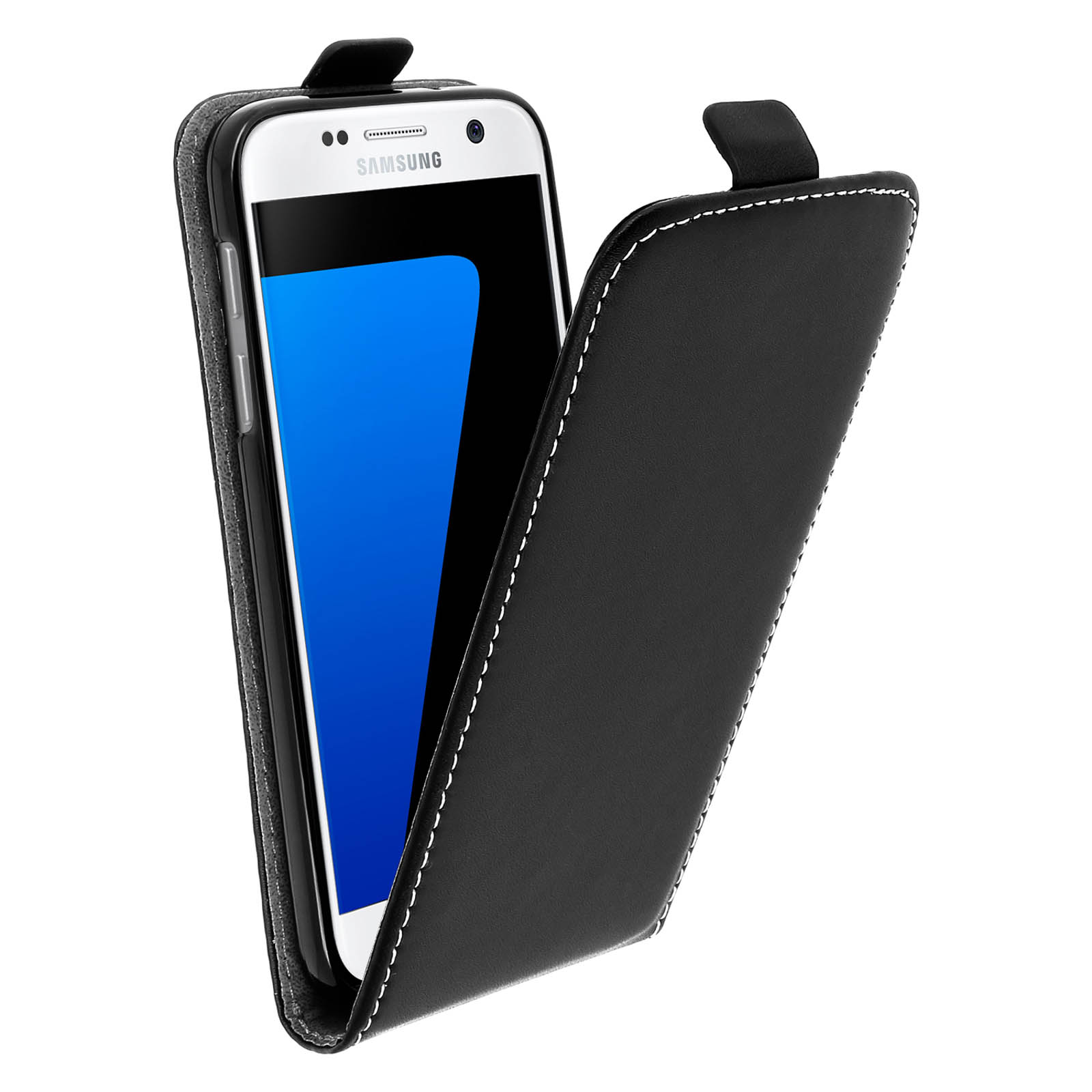 Custodia nera con cover a ribalta. Il telefono è bianco e visibile all'interno.