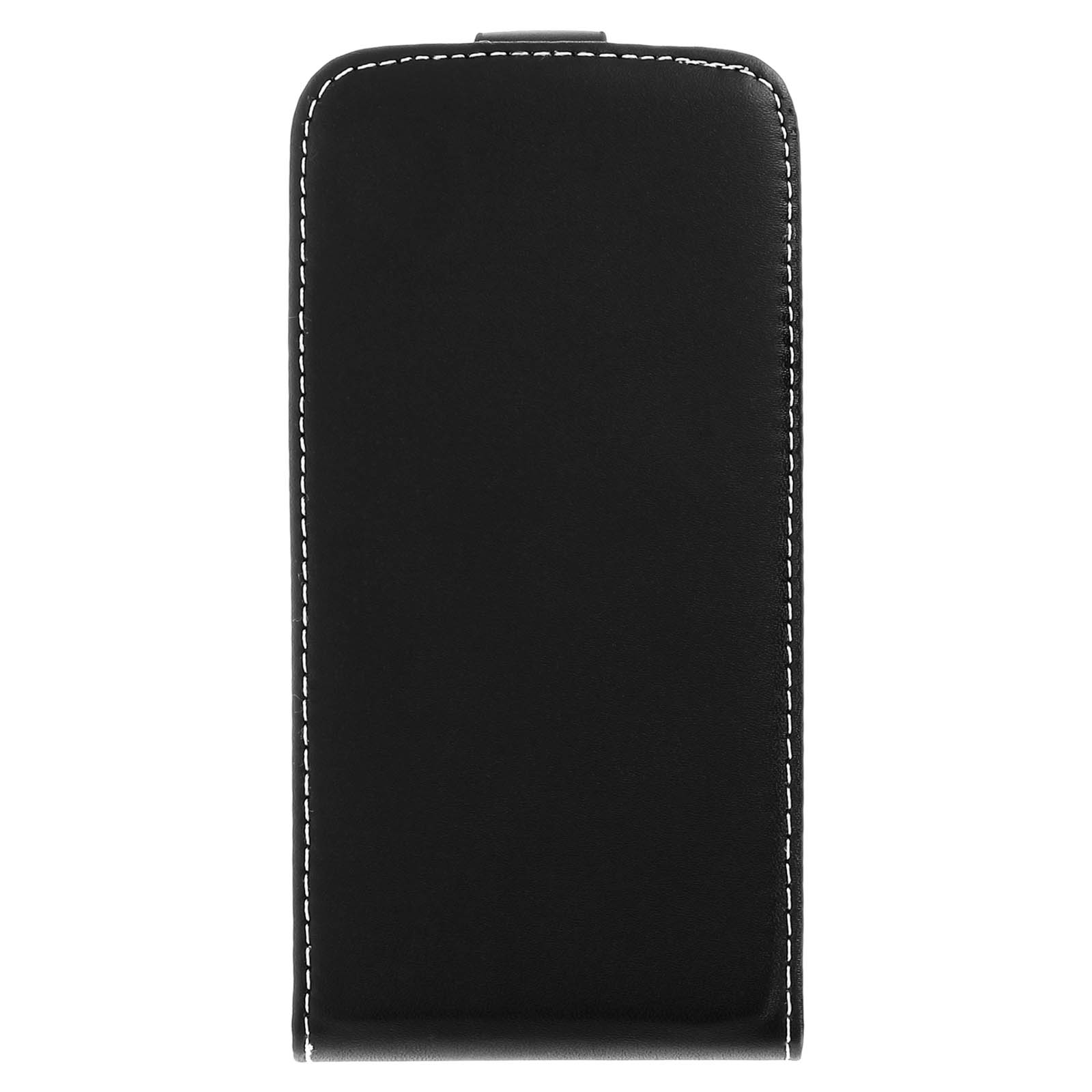 Una custodia nera per telefono, un materiale simile alla pelle, con cuciture bianche e un design semplice.