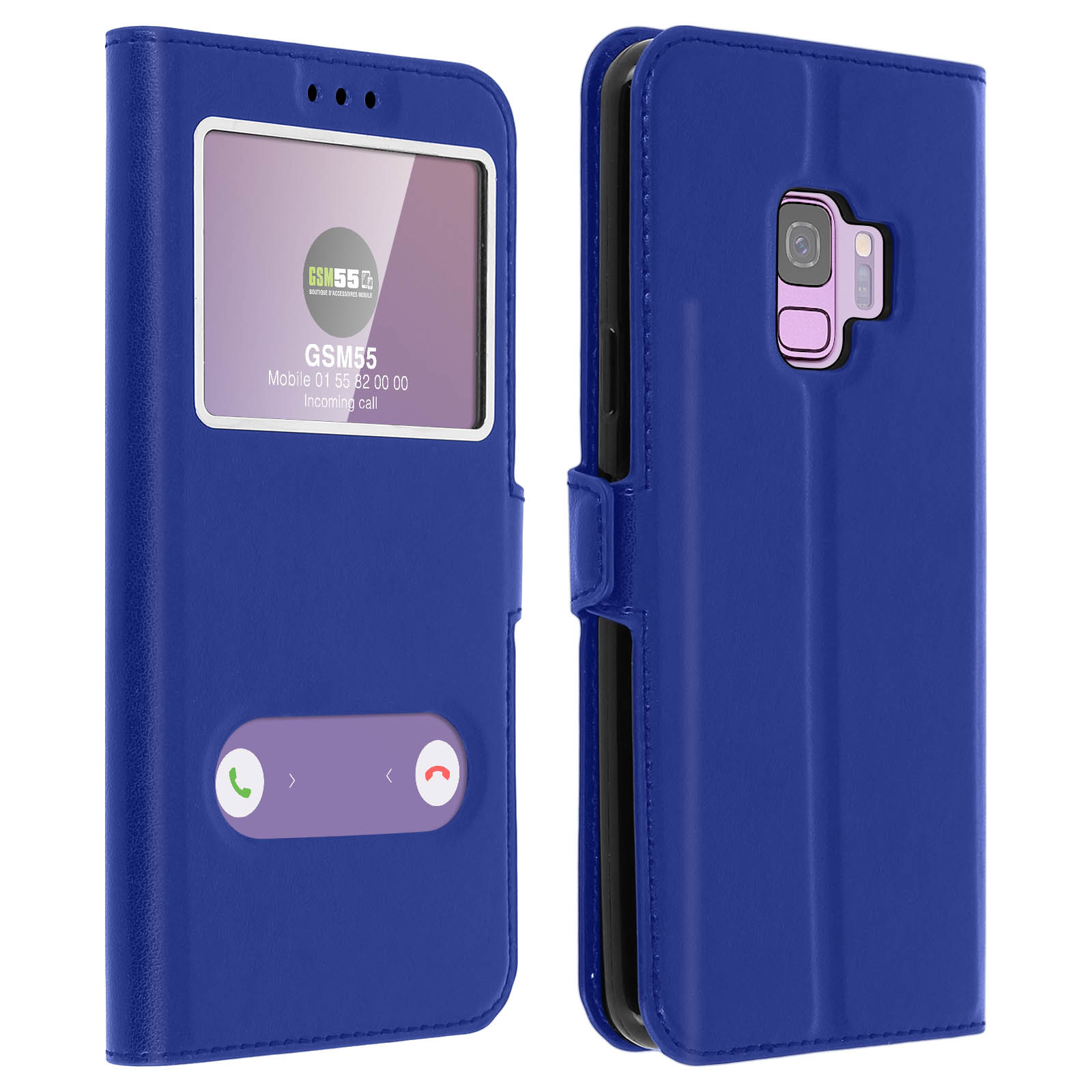 Custodia blu con finestra, che mostra una chiamata sullo schermo.