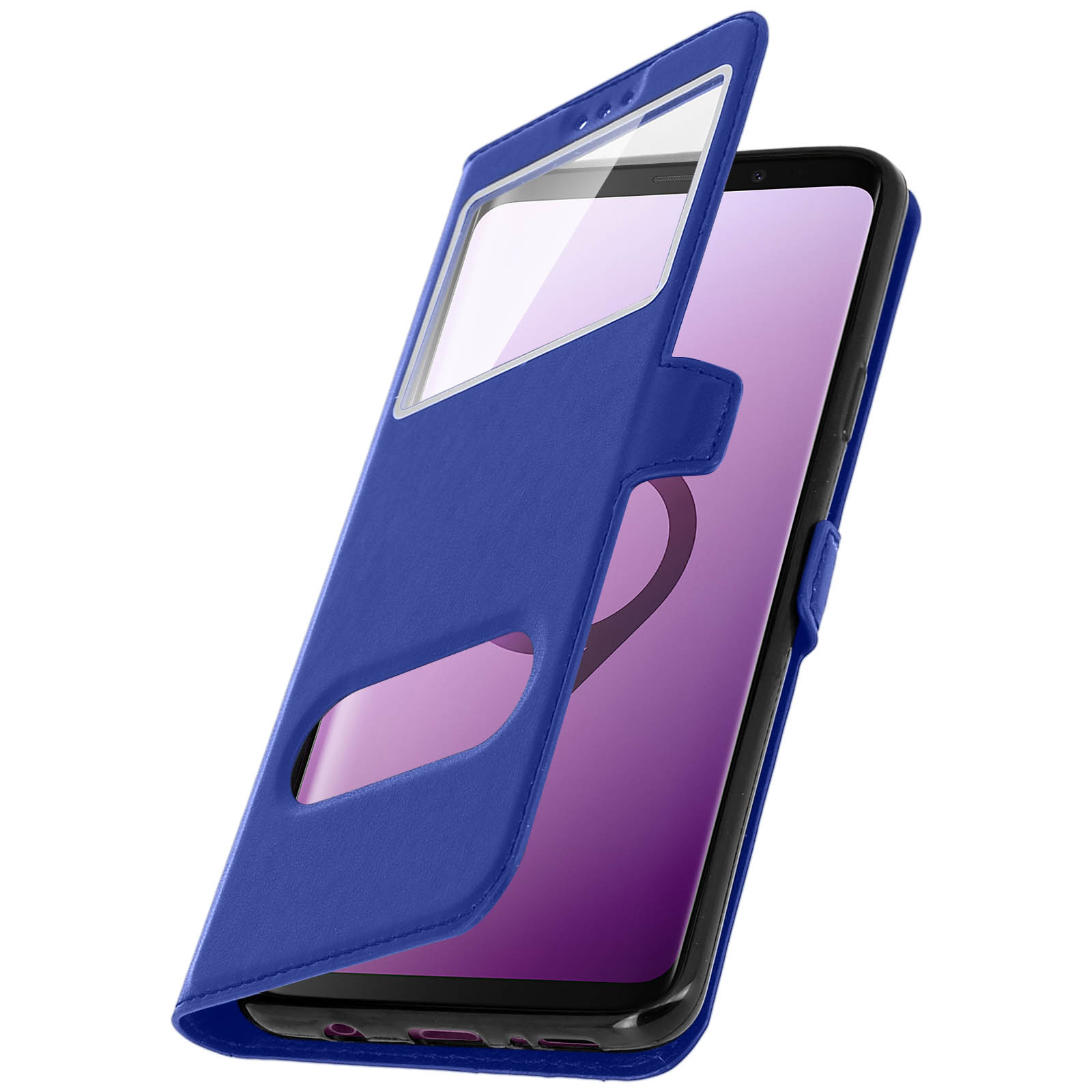 Custodia blu per telefono aperta, che mostra il telefono con schermo acceso.