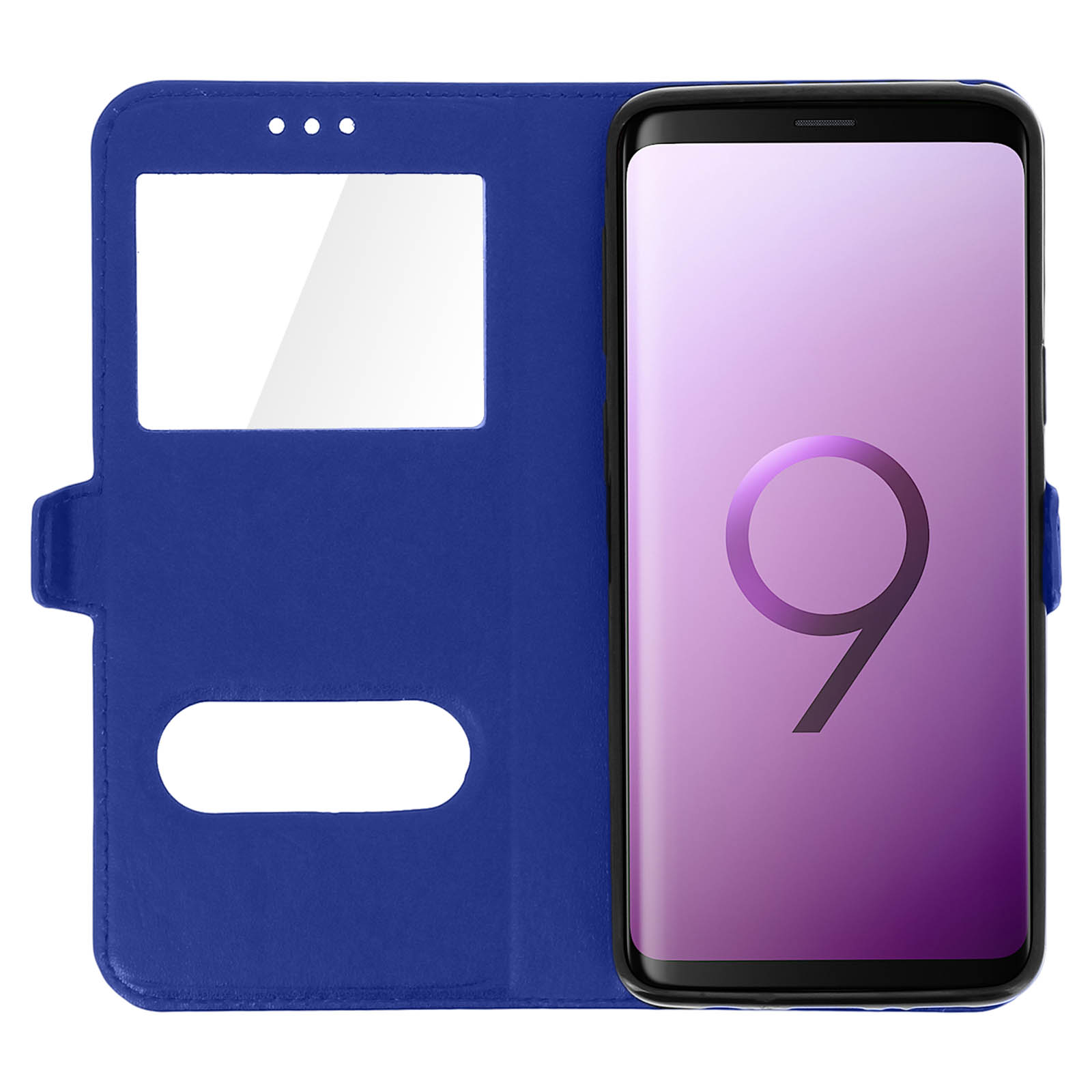 Custodia blu per telefono con telefono all'interno. Lo schermo del telefono mostra un display viola con un grande 9.