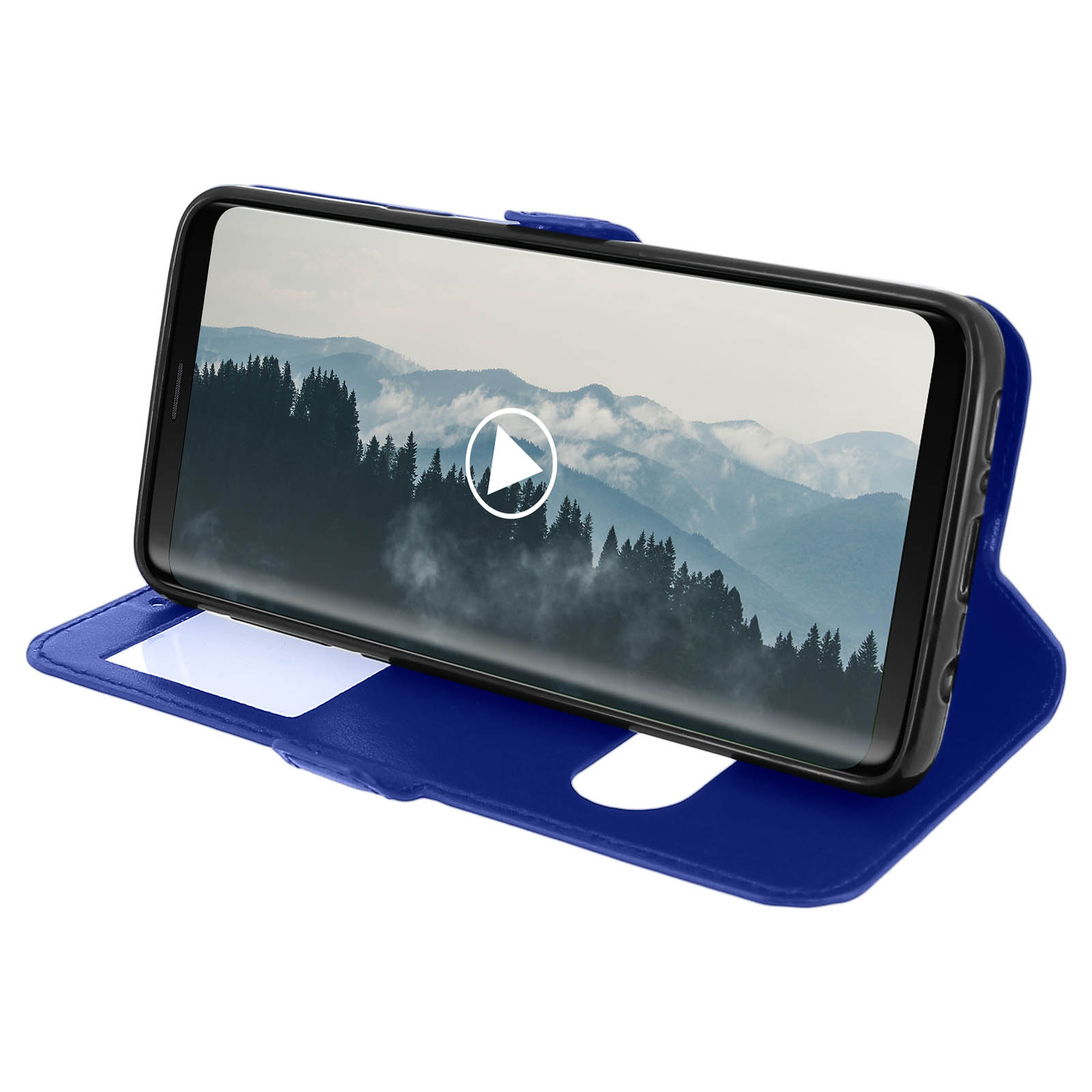 Custodia blu aperta, che mostra un telefono con una scena di foresta montana sullo schermo.