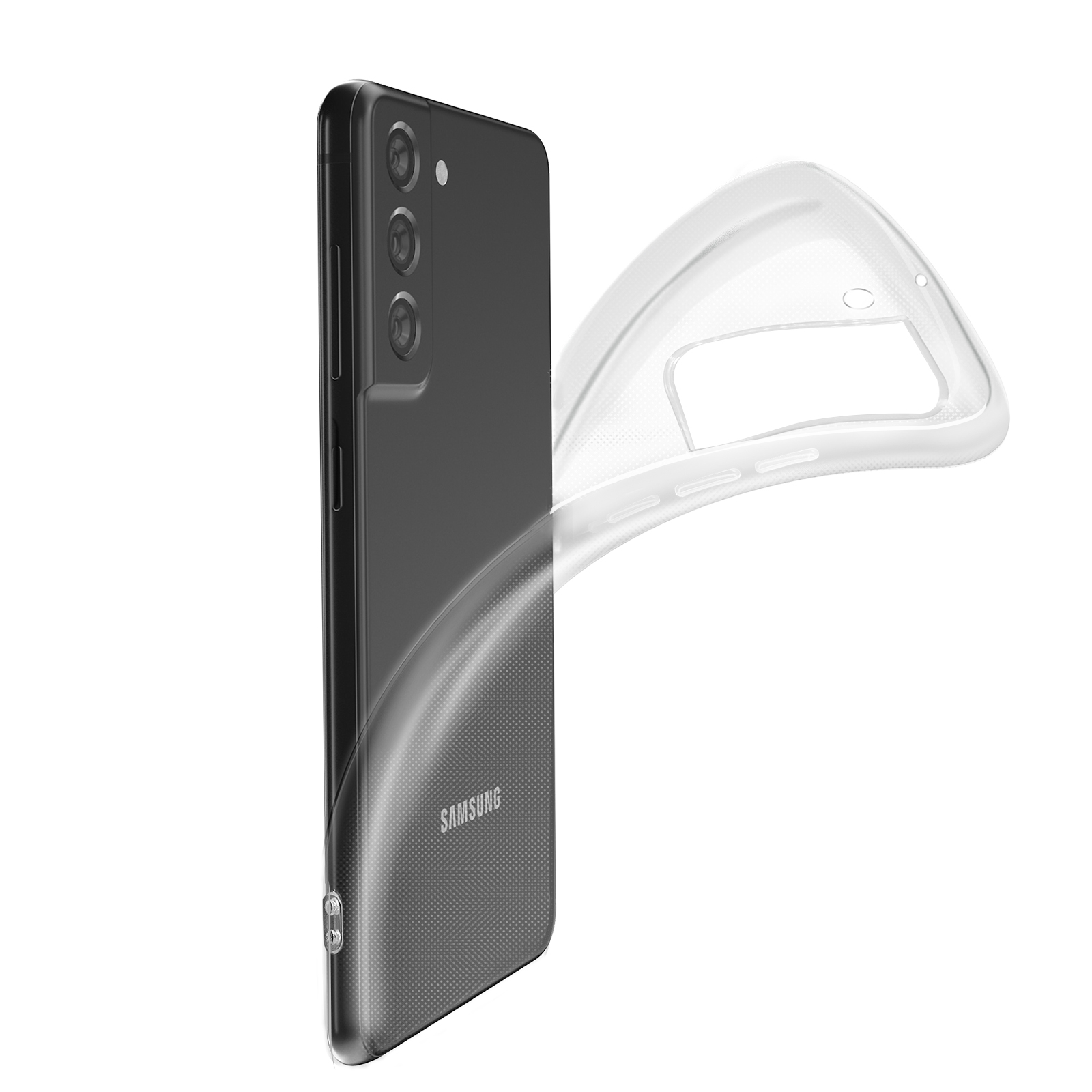 Custodia trasparente su un telefono. Il telefono è nero con il logo Samsung.