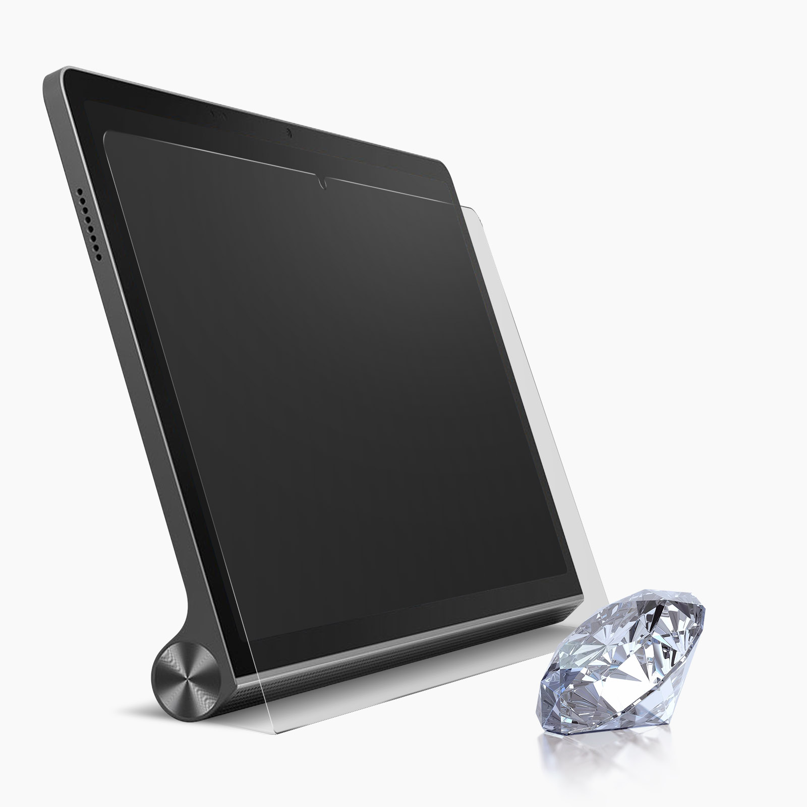 Tablet con protezione schermo e diamante. Appoggiato su un supporto.