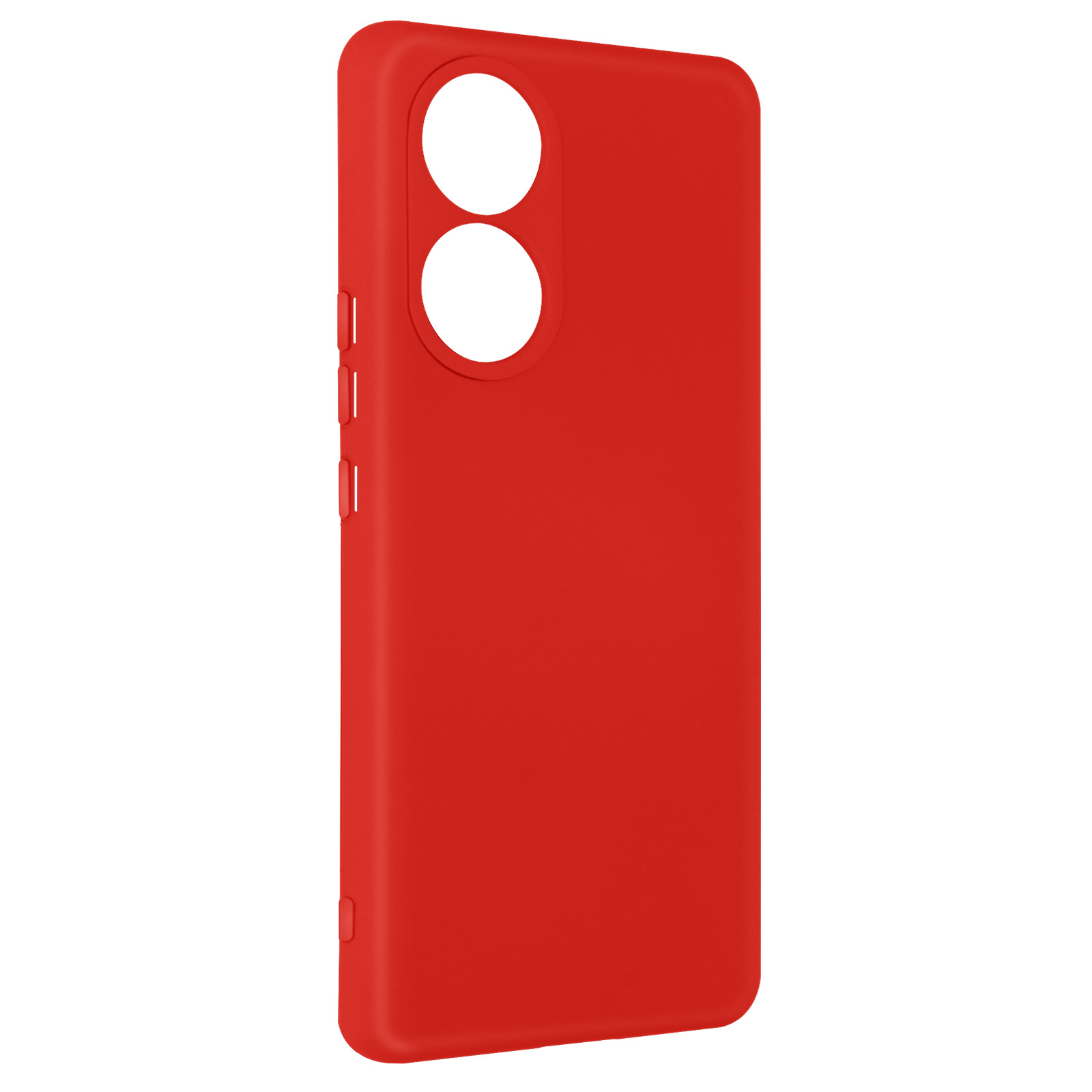 Custodia rossa per telefono. Ha fori per la fotocamera e i pulsanti.