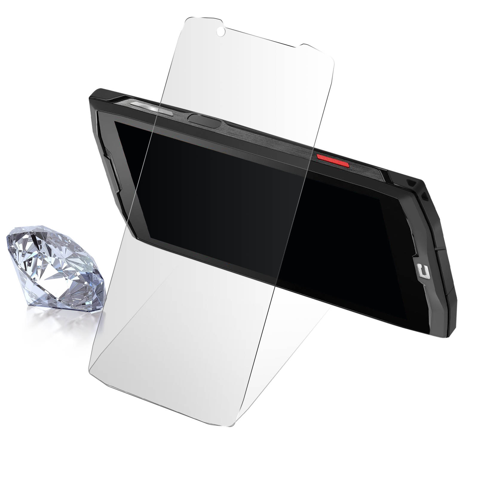 Téléphone avec un protecteur d'écran et un diamant sur une surface blanche.
