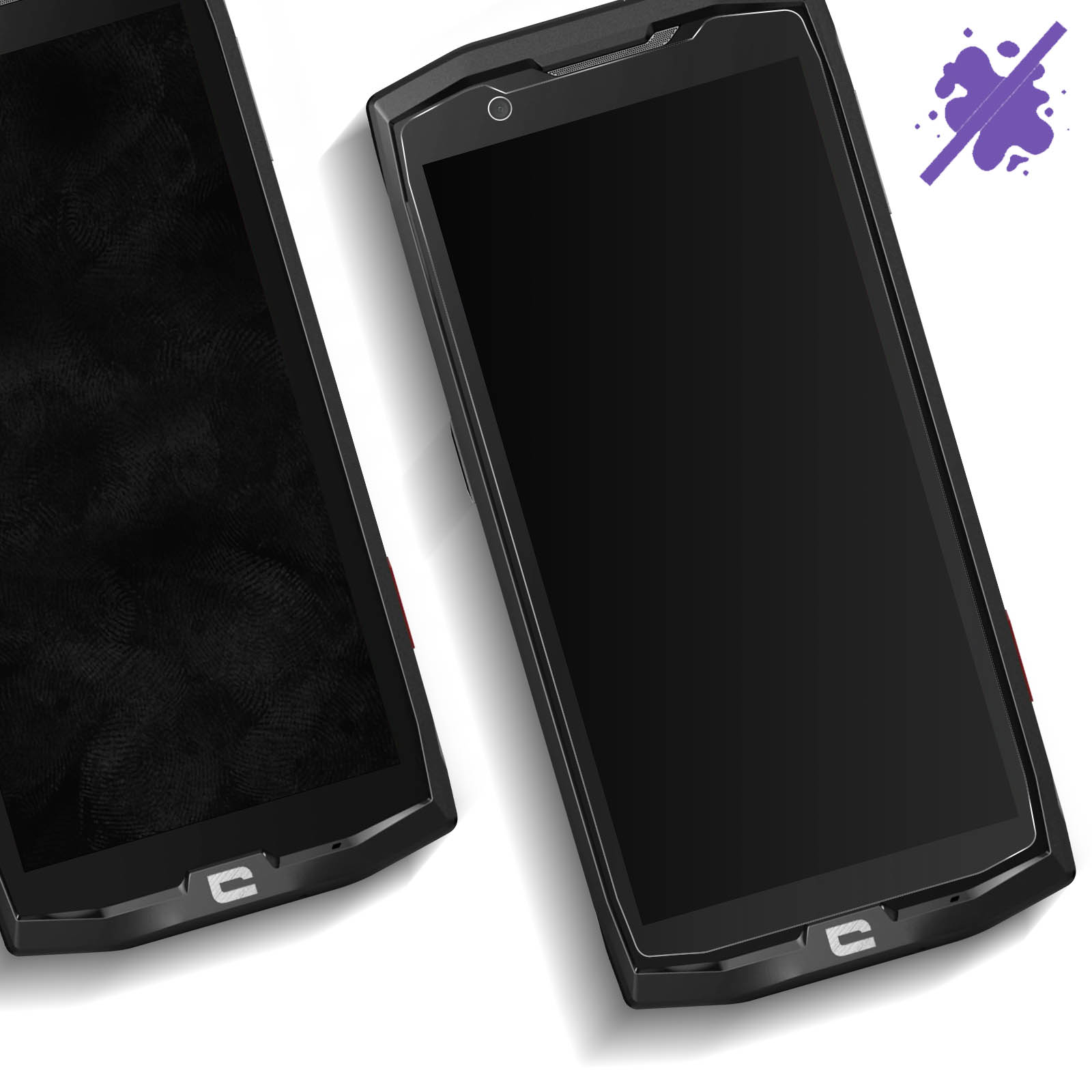Deux téléphones noirs, un avec protecteur d'écran. Fond blanc, éclaboussure violette.