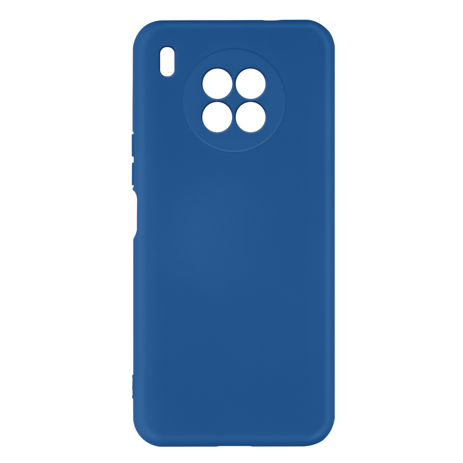Coque de téléphone bleue avec découpes caméra. Fond blanc.