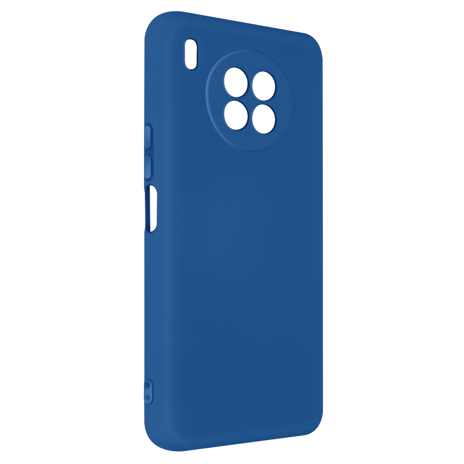Een blauwe telefoonhoes wordt getoond. De hoes heeft uitsparingen voor de camera en knoppen. Hij staat op een witte achtergrond.