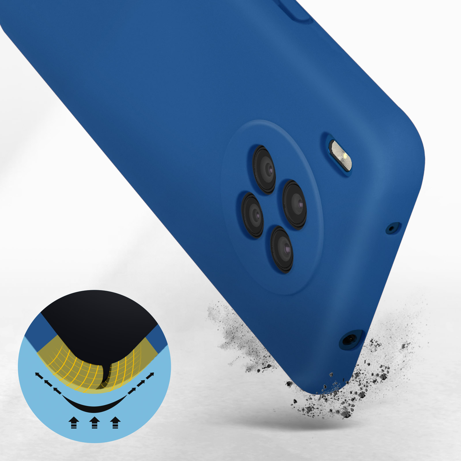Blauwe telefoonhoes met 3 camera's. Een grafiek toont bescherming. Witte achtergrond.