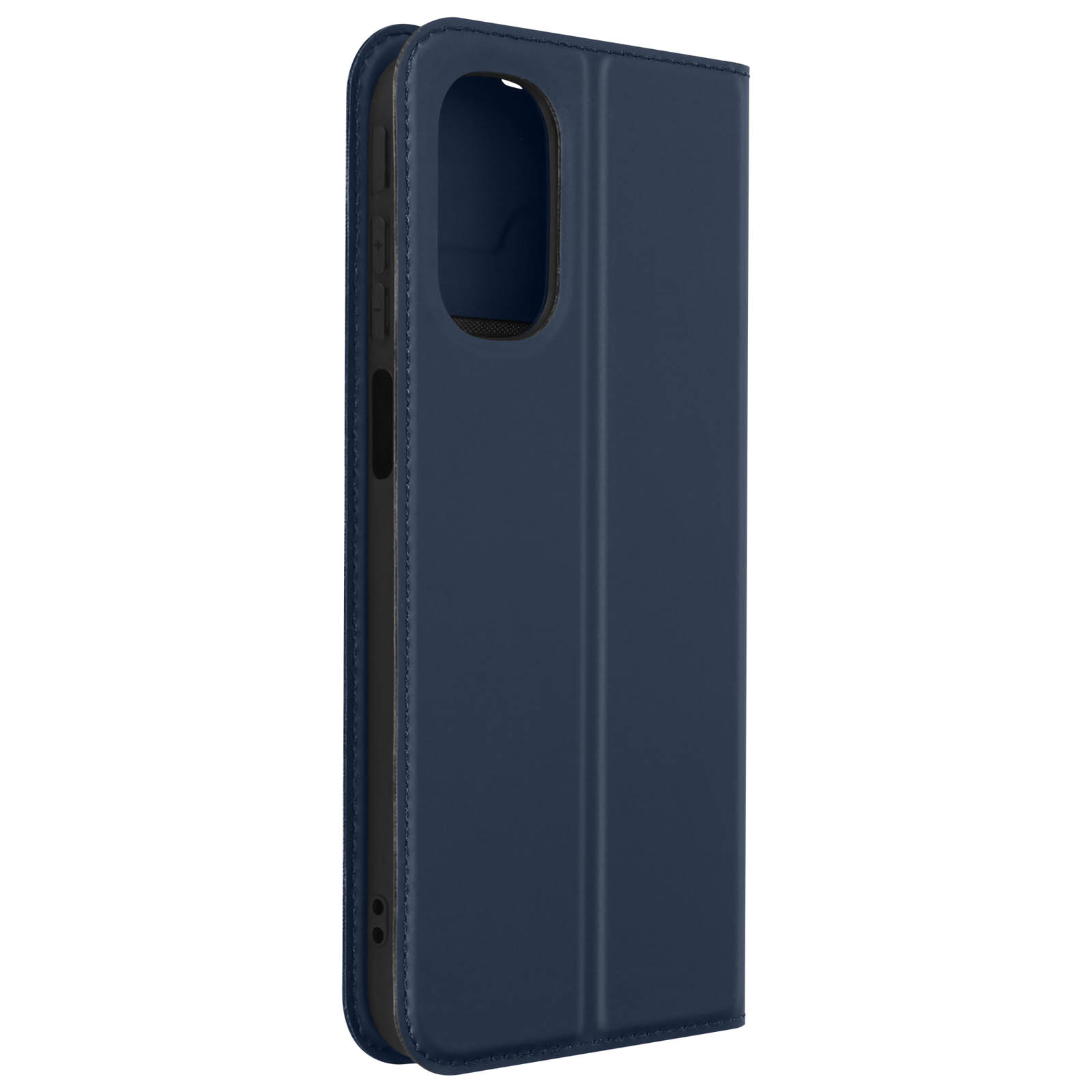 Custodia blu scuro per telefono chiusa. La custodia è liscia e ha un ritaglio per la fotocamera.