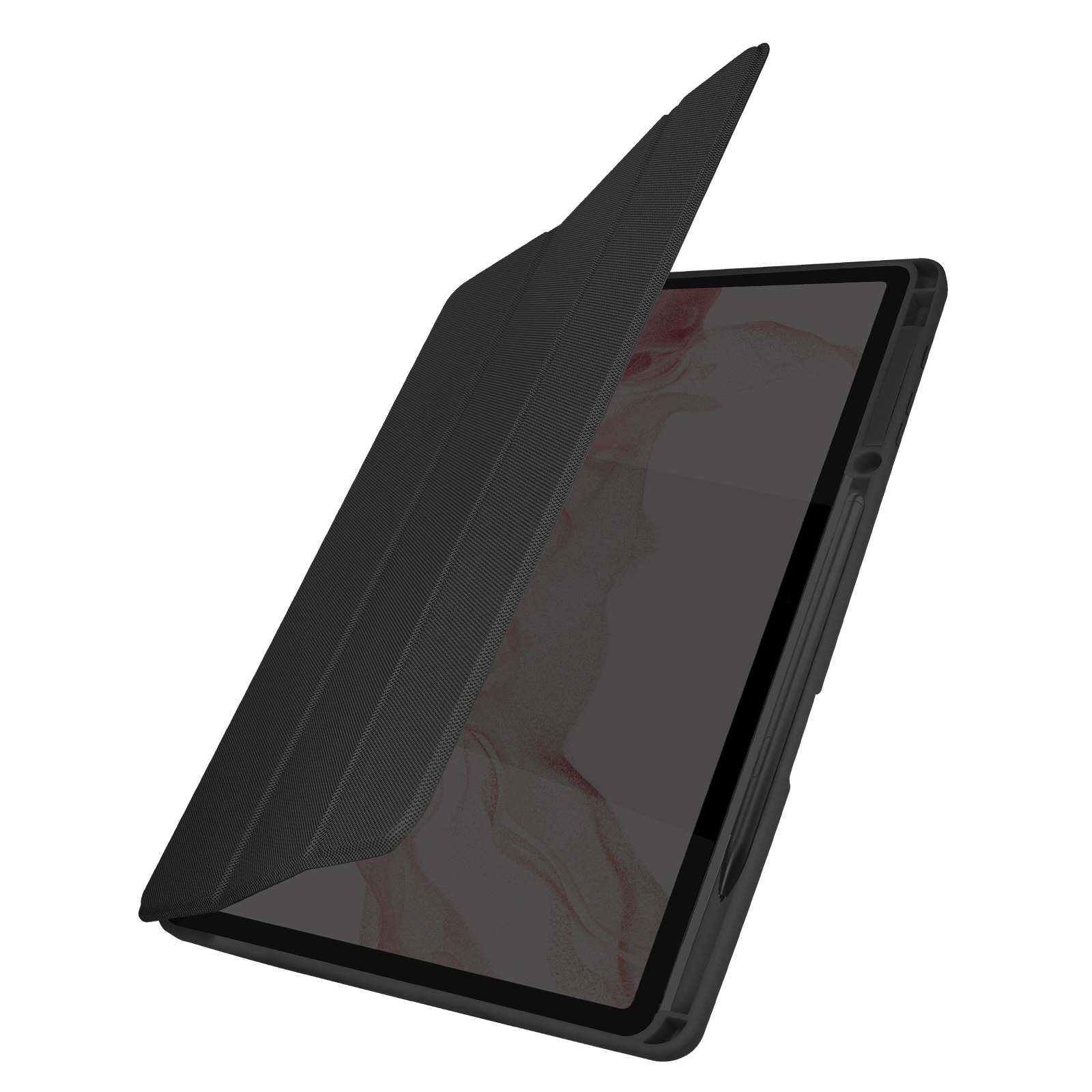 Tablet nero con custodia leggermente aperta, che mostra lo schermo e una penna, su sfondo bianco.