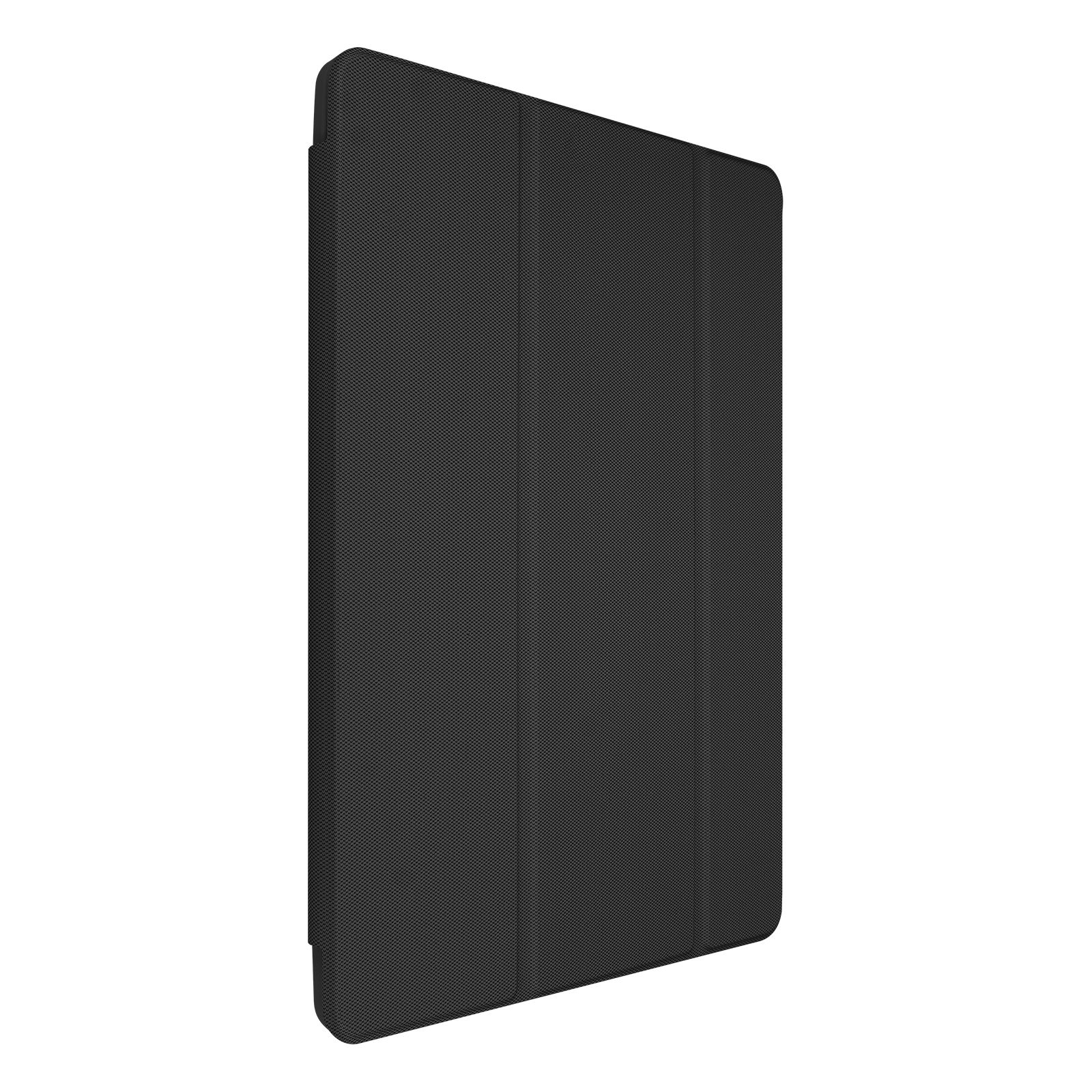 Una custodia per tablet nera, chiusa e vista di lato.
