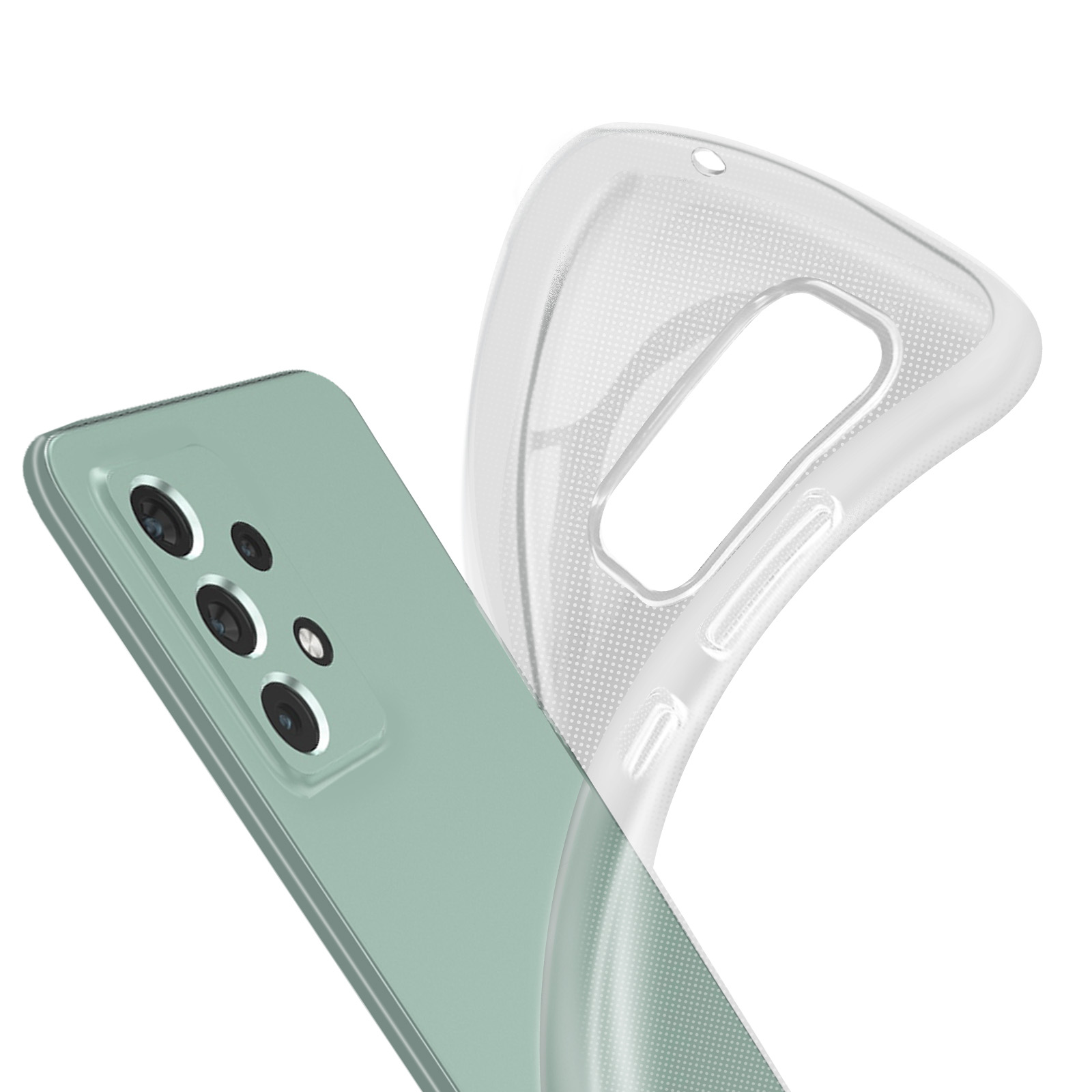 Un telefono verde menta con una custodia trasparente. Il telefono è davanti a uno sfondo bianco con una custodia trasparente.