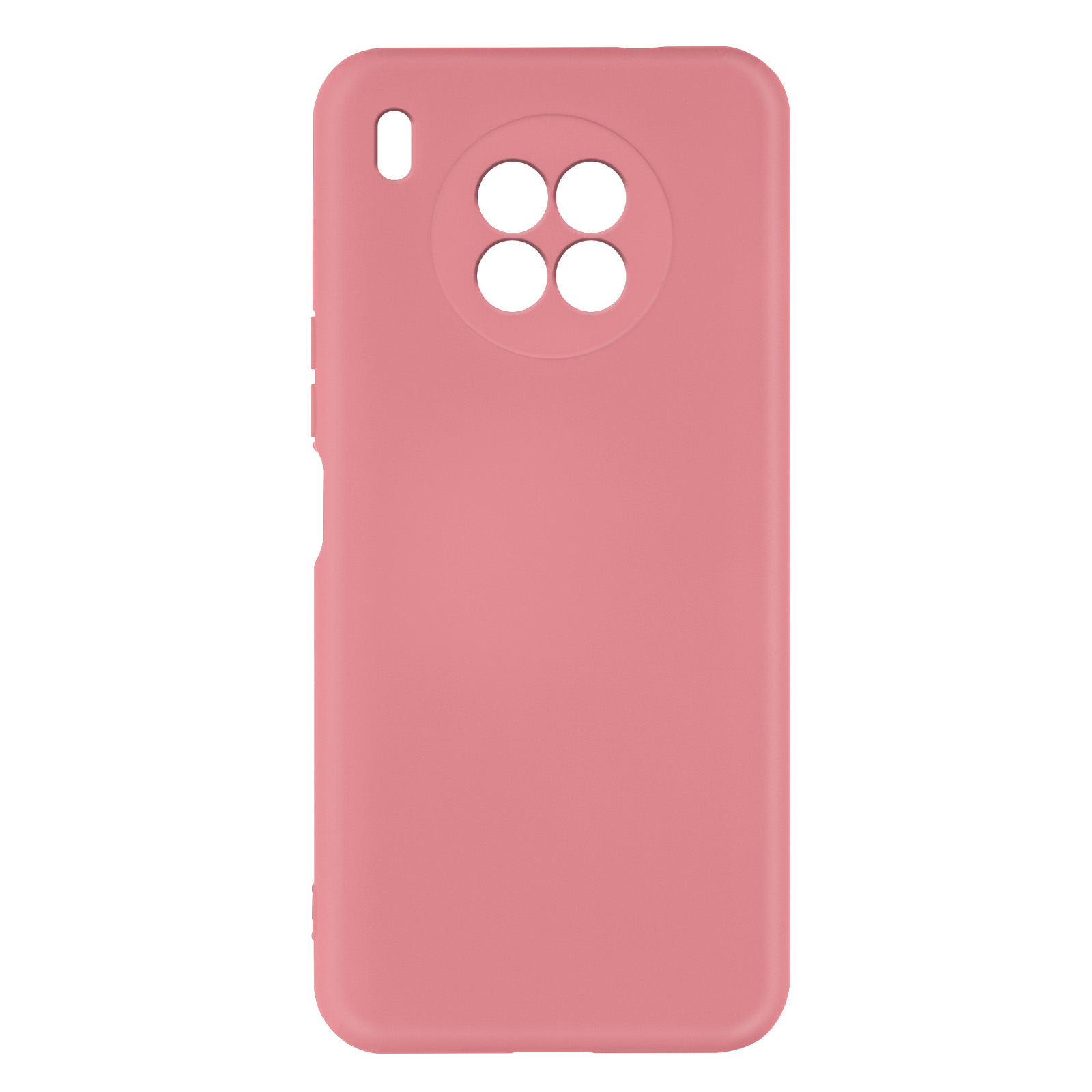 Roze telefoonhoes. Heeft een camera gat en knoop uitsparingen. Op een witte achtergrond.