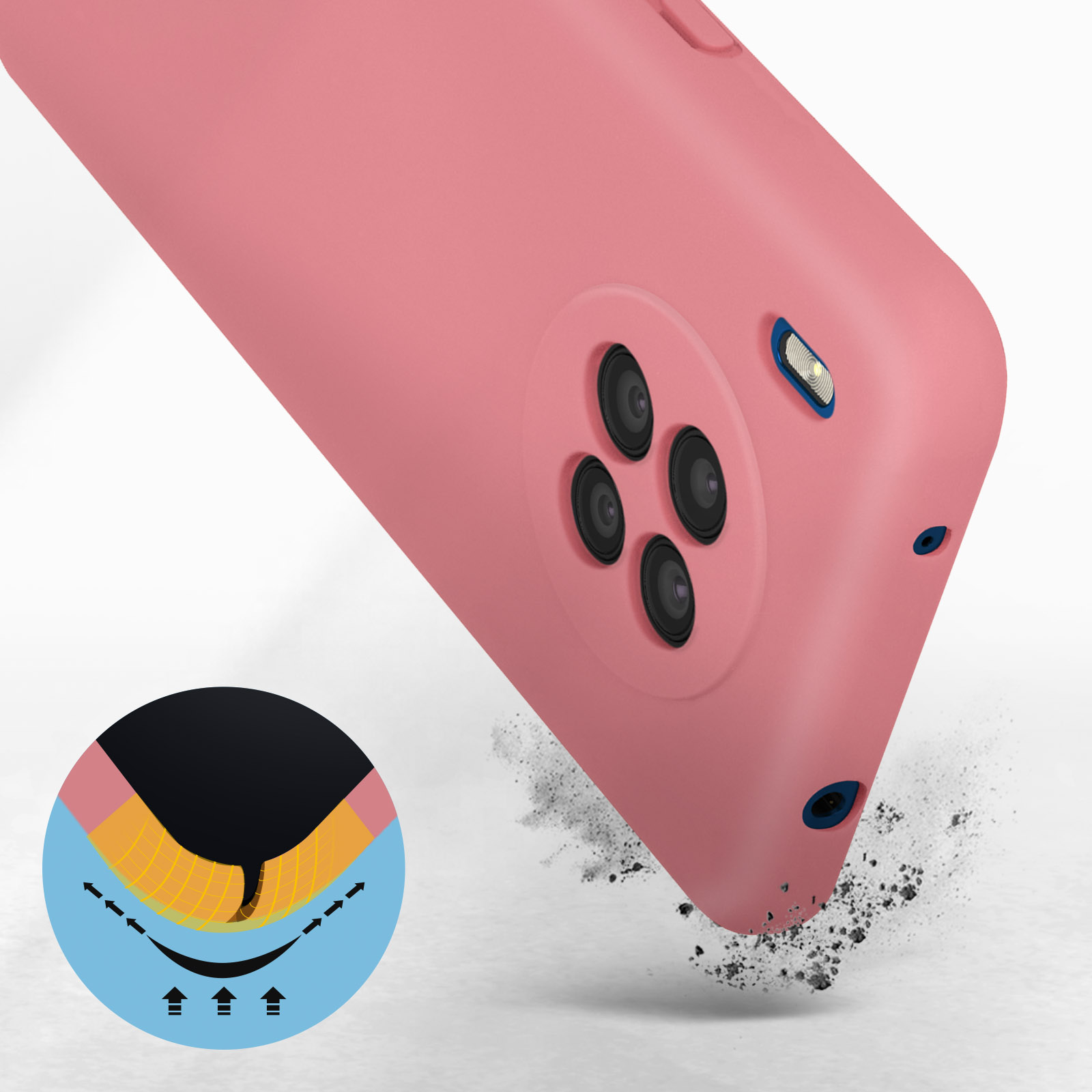 Close-up van een roze telefoonhoesje, met doorsnede van de interne structuur.