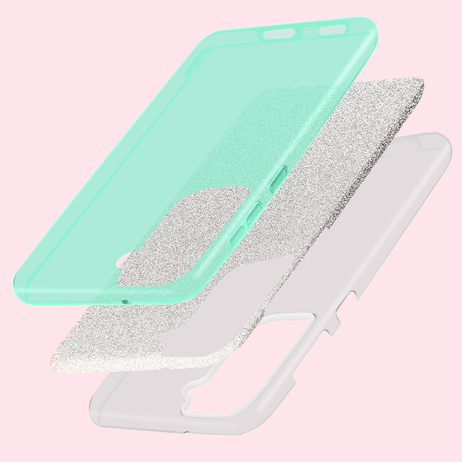 Strati di una custodia per telefono, verde menta, argento glitterato e plastica trasparente.