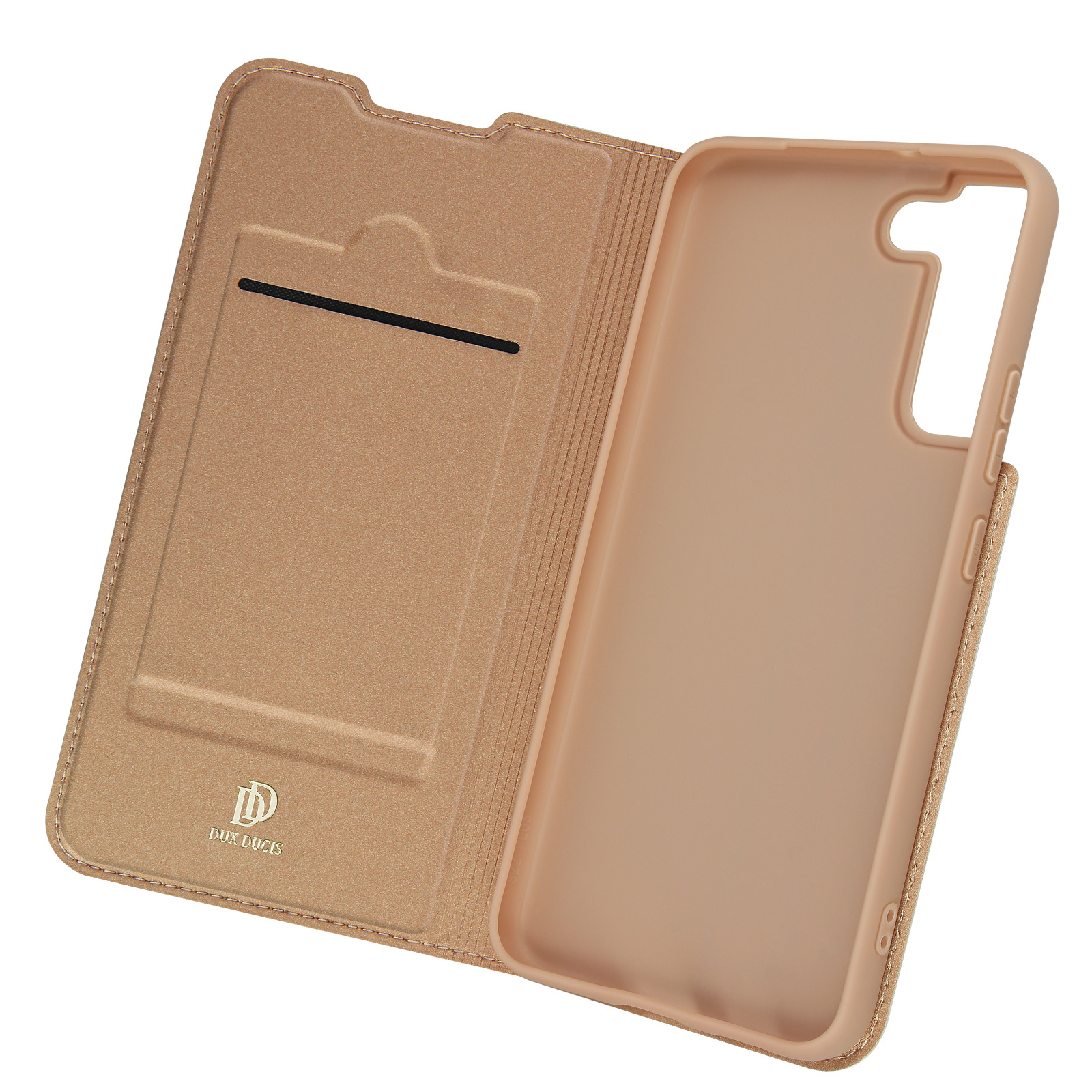 Custodia per telefono beige aperta, che mostra uno spazio vuoto per il telefono e uno slot per schede.