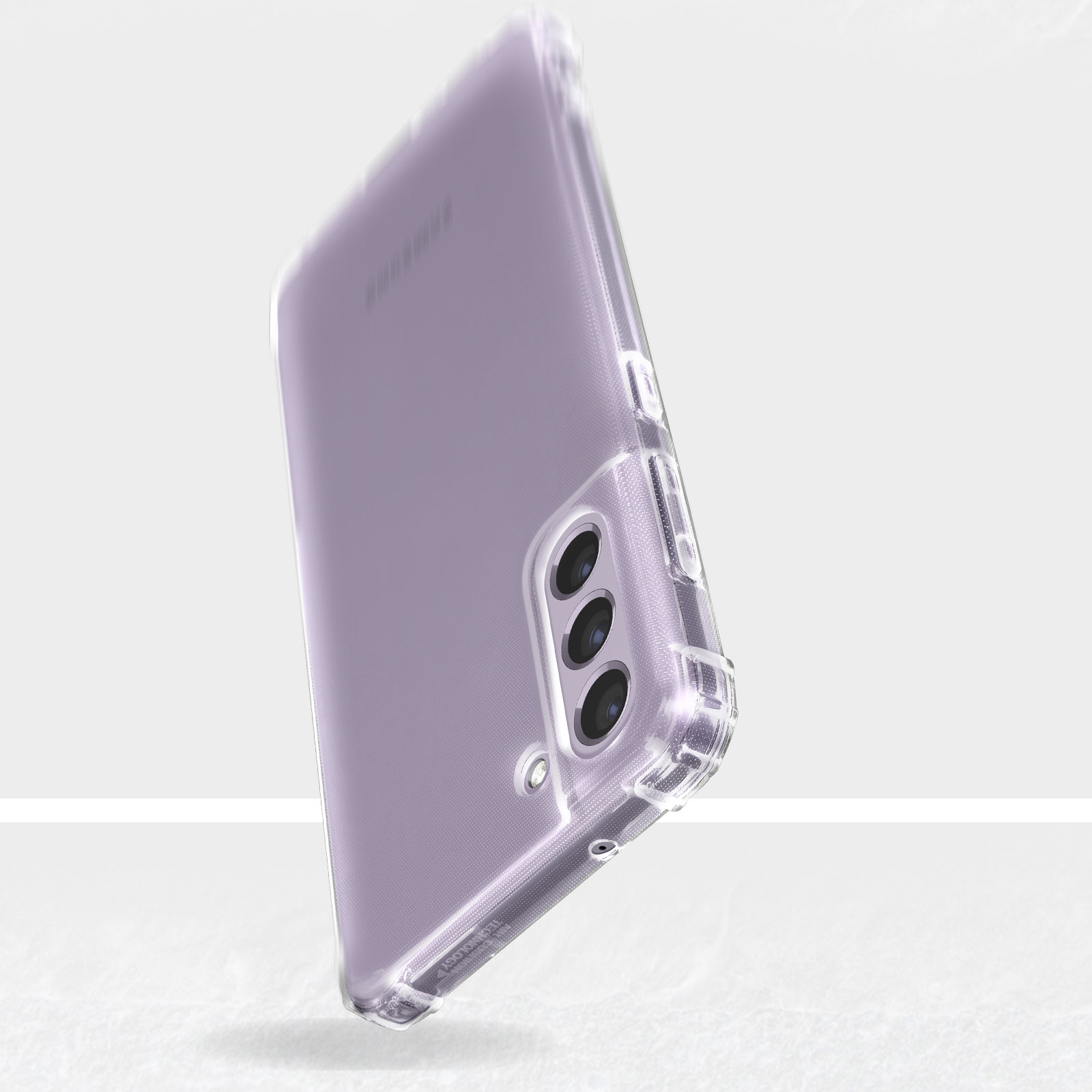 Custodia trasparente con telefono viola. Il telefono è leggermente inclinato. Il logo Samsung è visibile.