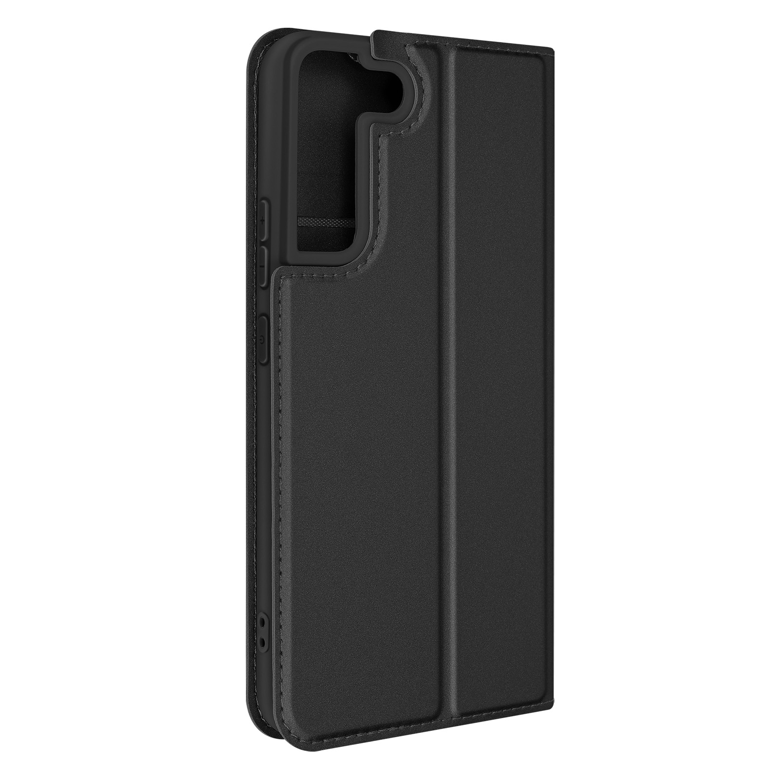 Custodia nera per telefono, chiusa. È un design a libro. Sfondo e dettagli neri.