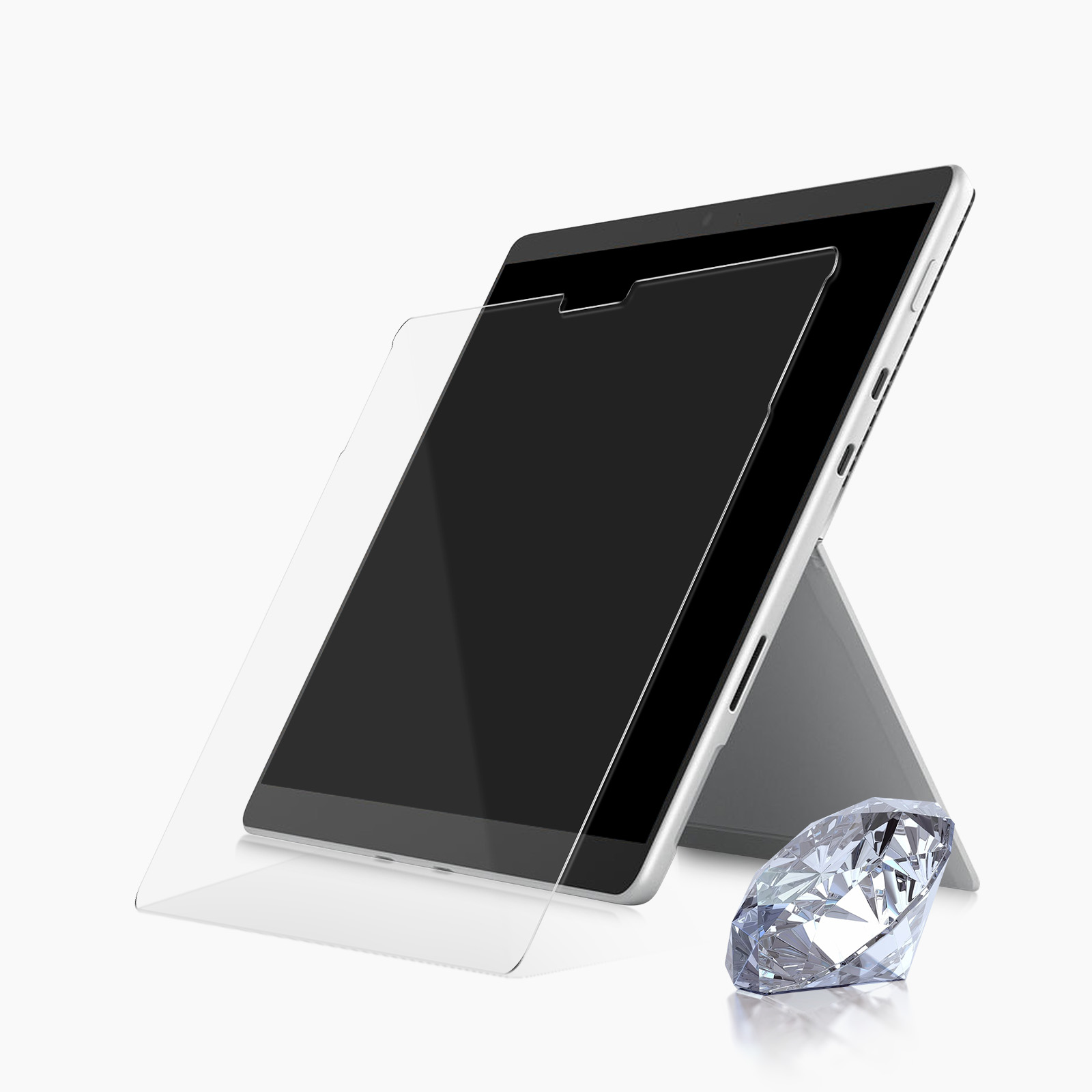 Tablette avec un protecteur d'écran et un diamant. Fond blanc.