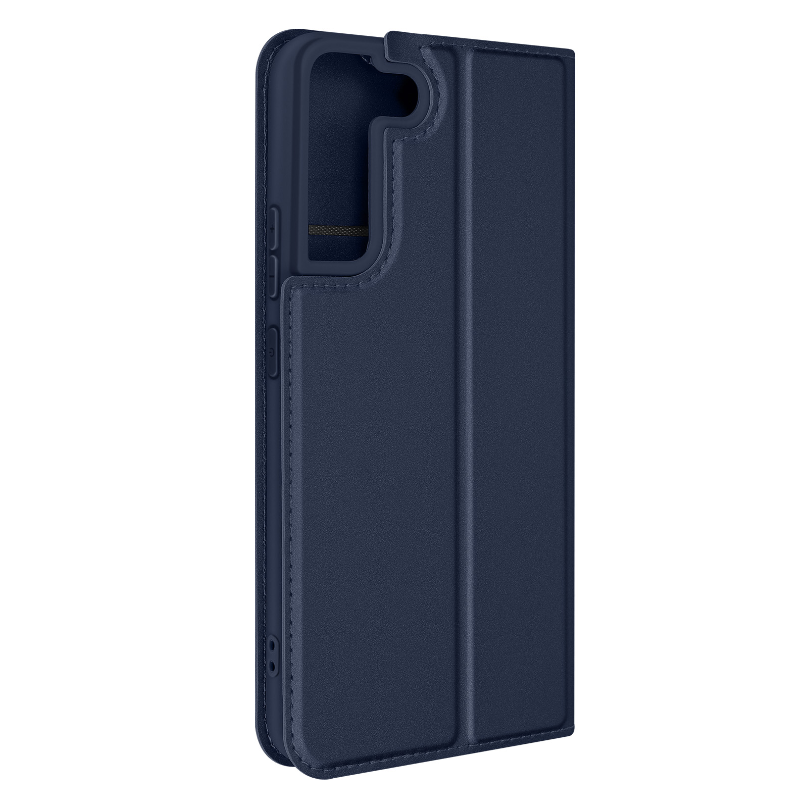 Custodia per telefono blu navy chiusa. Vista laterale, mostra il contorno del telefono.