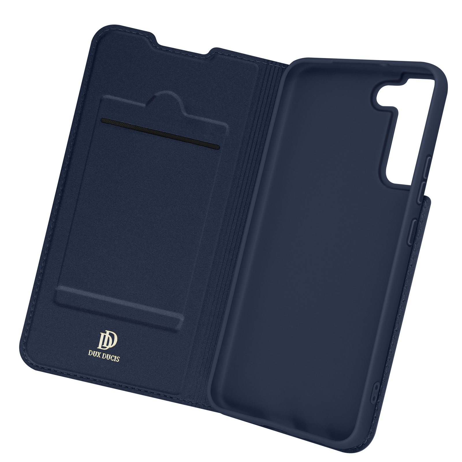 Custodia blu navy aperta. L'interno è blu e il logo del marchio è visibile.
