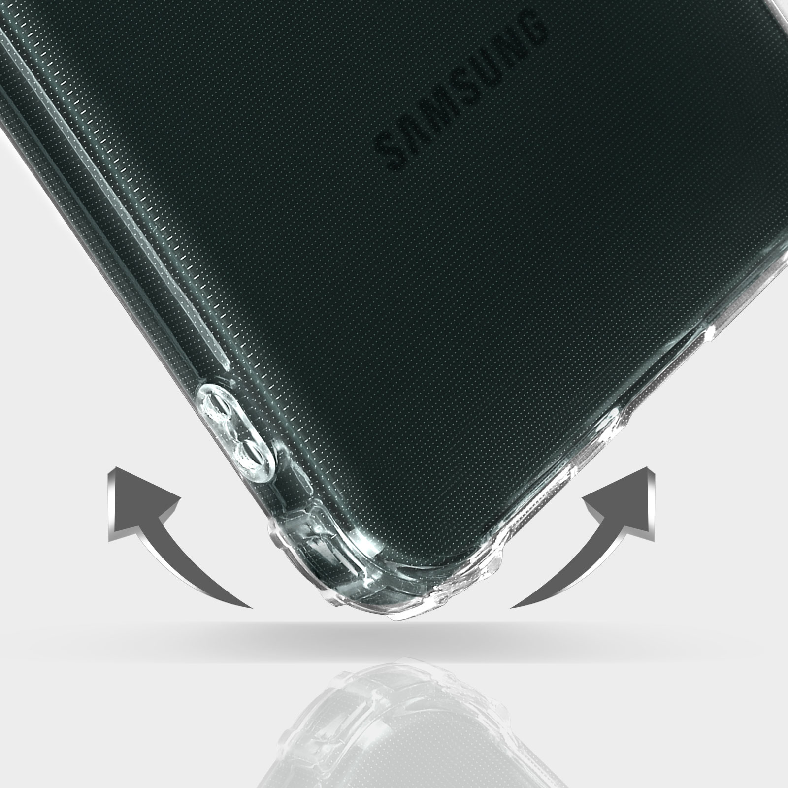 Una custodia per telefono con frecce in basso, vista da vicino. La parola SAMSUNG è visibile.