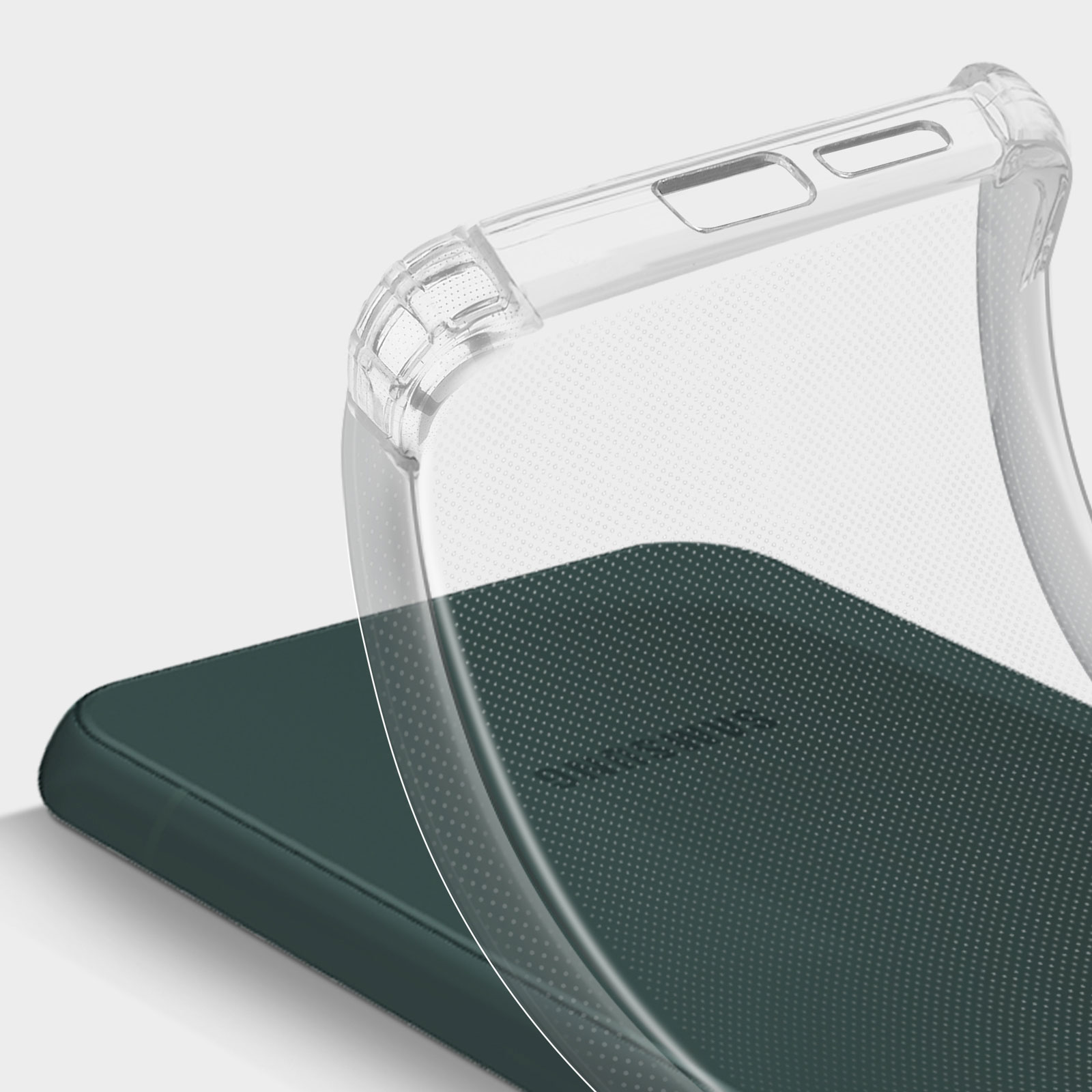 Custodia trasparente per telefono con un telefono verde all'interno. Il telefono è parzialmente visibile.
