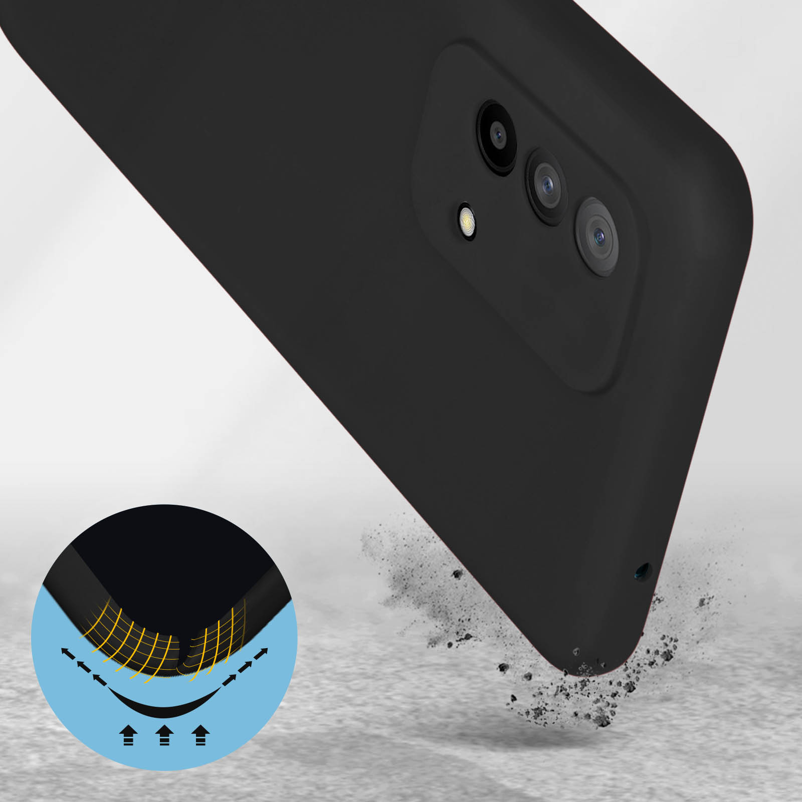 Custodia nera per telefono su superficie con particelle di polvere e diagramma di resistenza agli urti.