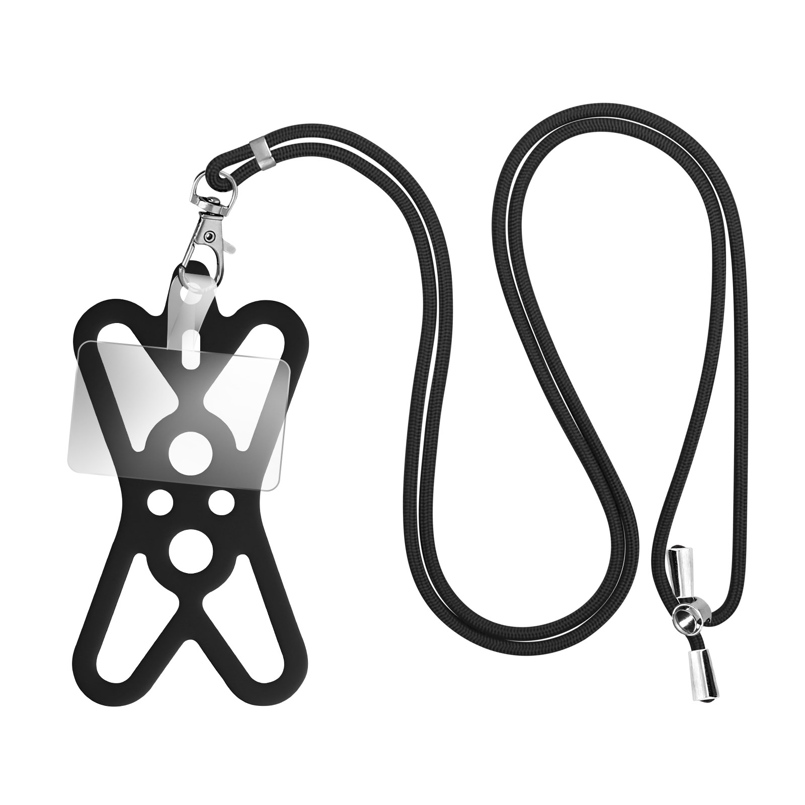 Laccetto nero con porta telefono nero e clip argentata su sfondo bianco.