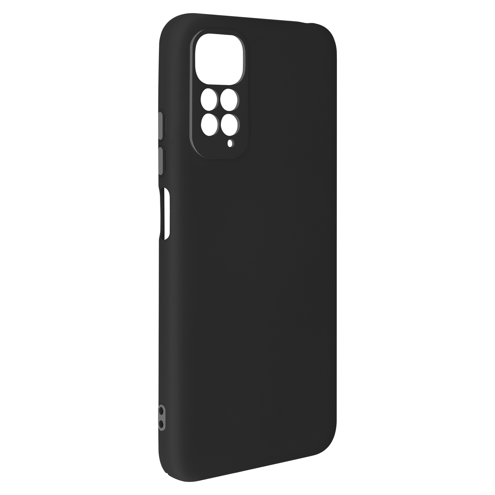 Een zwarte telefoonhoes. Het ontwerp heeft openingen voor de camera en andere telefoonfuncties.