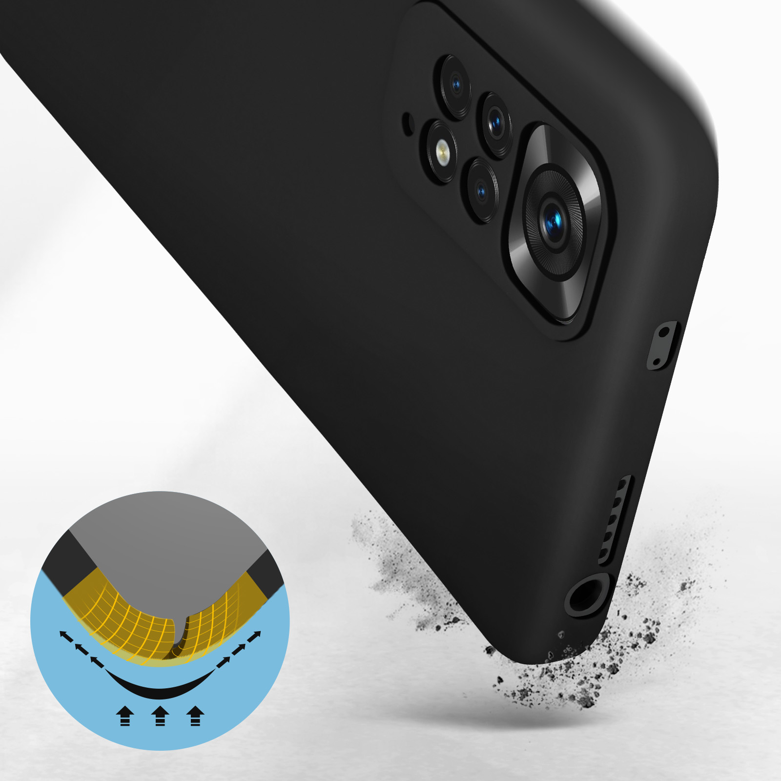 Zwarte telefoonhoes met uitsparing die de schokabsorptie toont. Witte achtergrond.