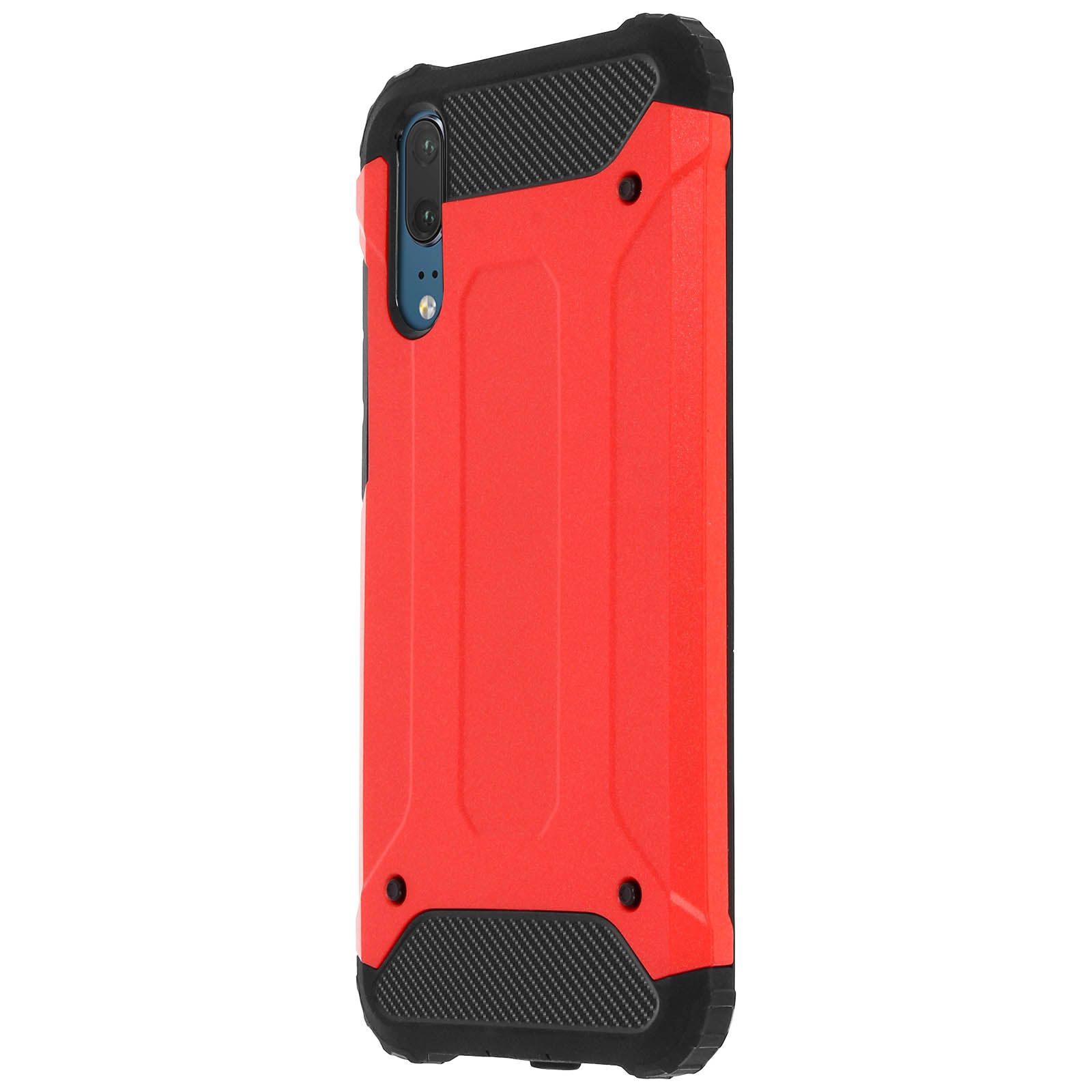 Una custodia per telefono rossa e nera in posizione verticale, con fotocamera e flash visibili.