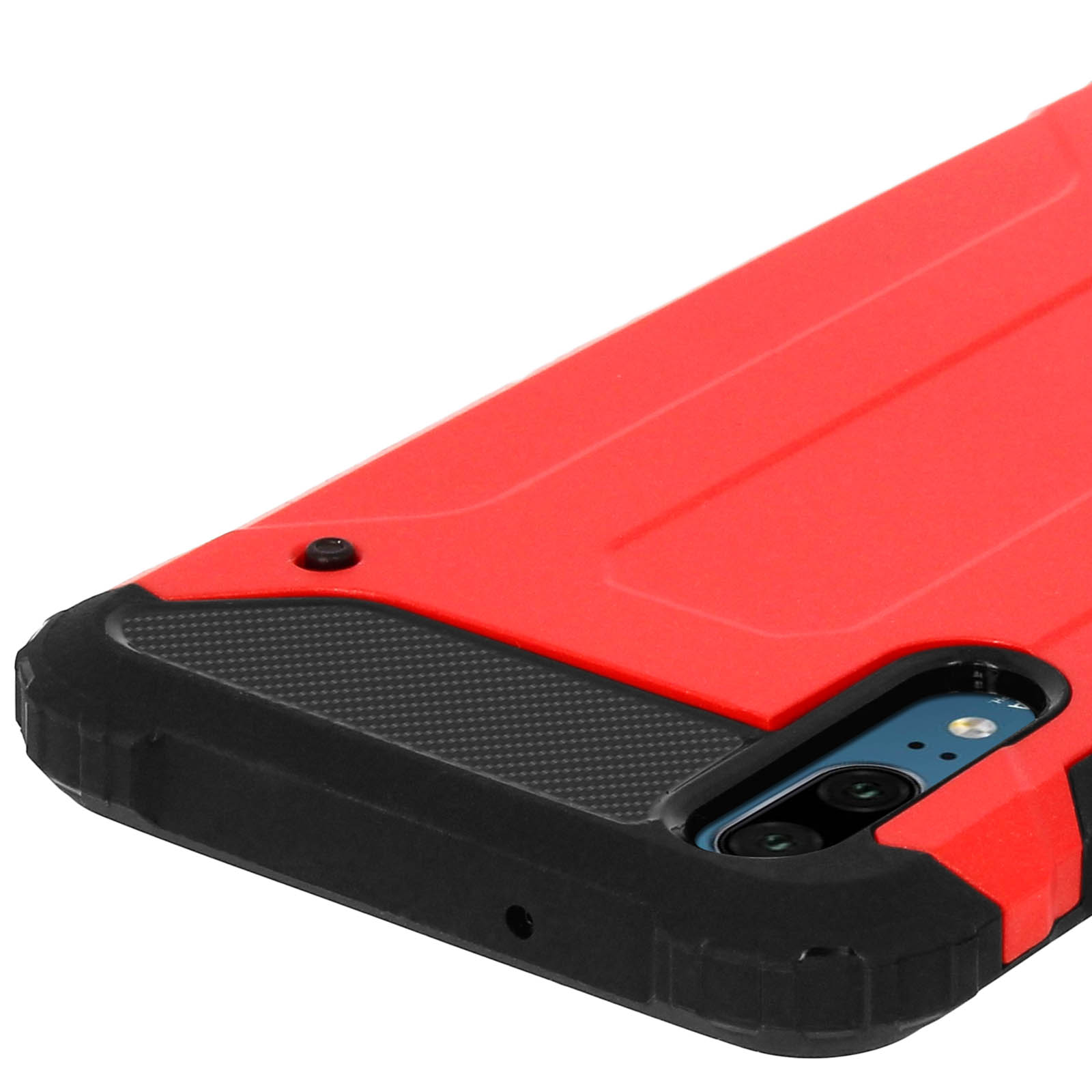 Un primo piano di una custodia per telefono rossa e nera con una fotocamera.